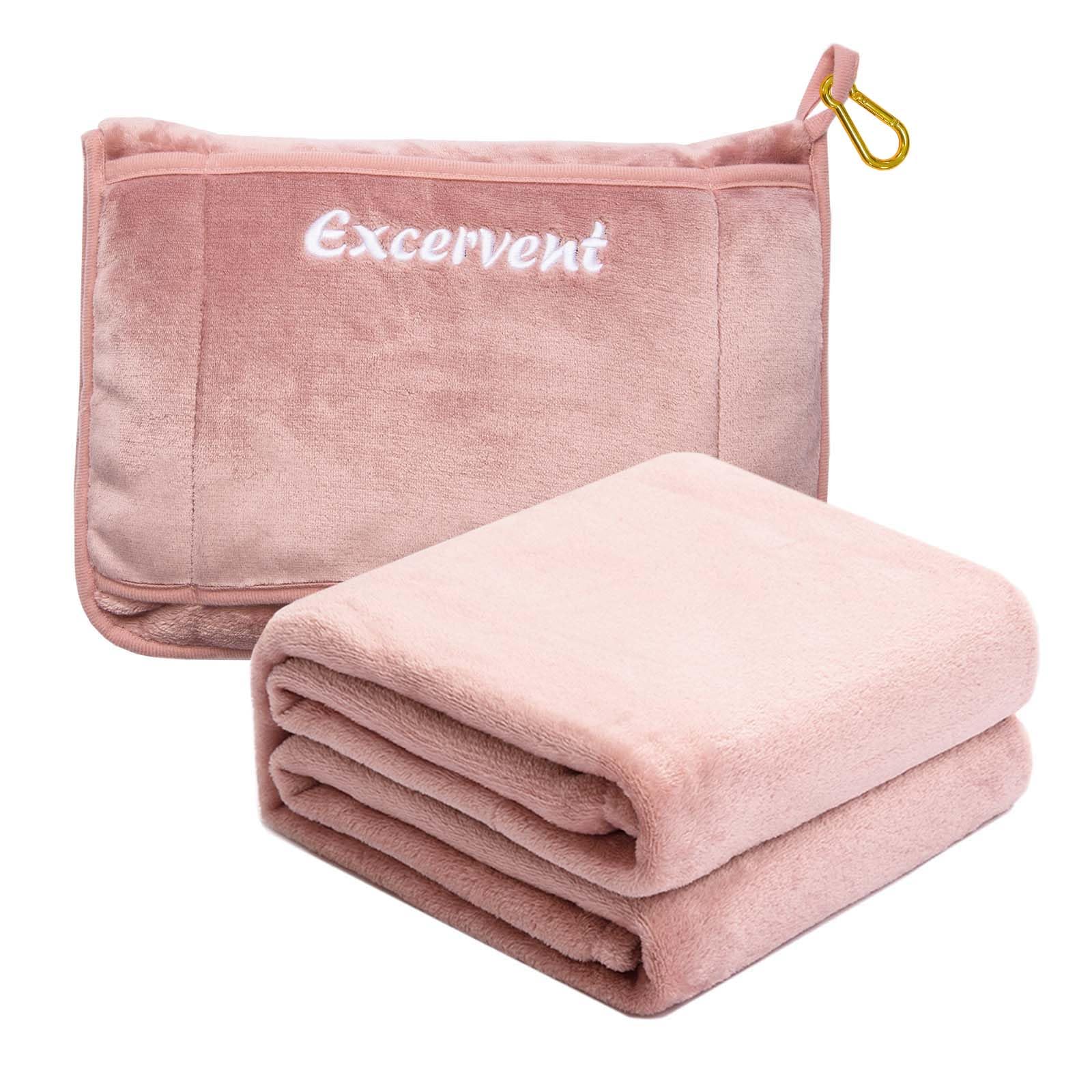 Excervent 2-in-1 Travel Blanket & Pillow - Soft Flannel Airplane Blanket with Carry Case & Luggage Strap (65x40 Inches, Pink) - Perfect for Flights, Road Trips, Camping & Home Comfort