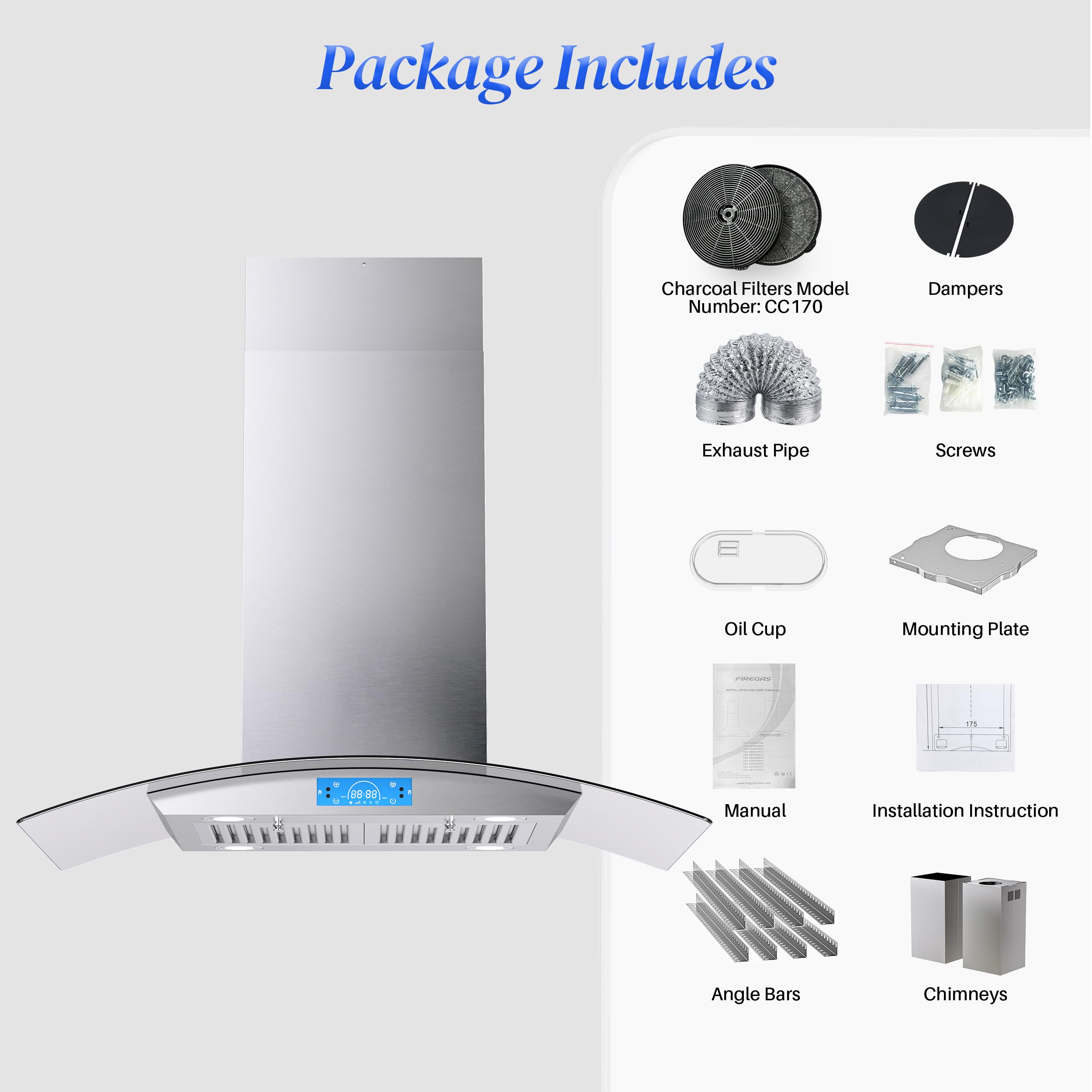 **FIREGAS 36 Inch 700 CFM Stainless Steel Island Range Hood with Tempered Glass, 4 LED Lights, 3-Speed Fan & Touch Control – Permanent & Charcoal Filters – Perfect for Modern Kitchens & Open-Concept Homes**