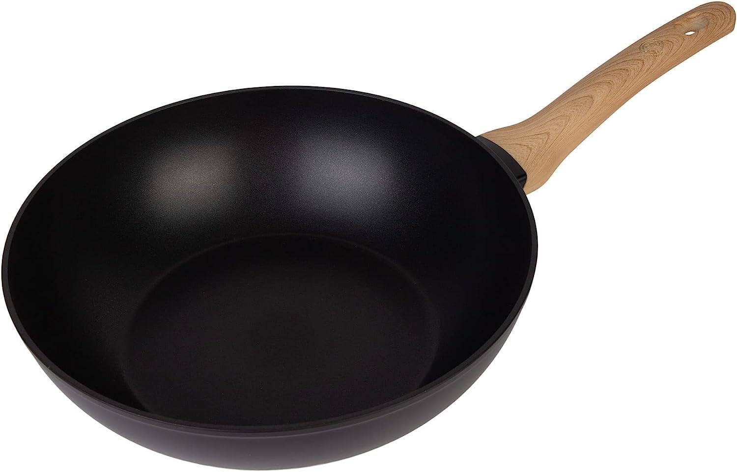 MasterChef 28cm Non-Stick Wok Pan - Induction, Gas, Halogen & Ceramic Stove Compatible - Scratch Resistant Coating, Dishwasher Safe - Aluminum Wood-Look Black - Perfect for Stir-Frying, Sautéing & Asian Cooking