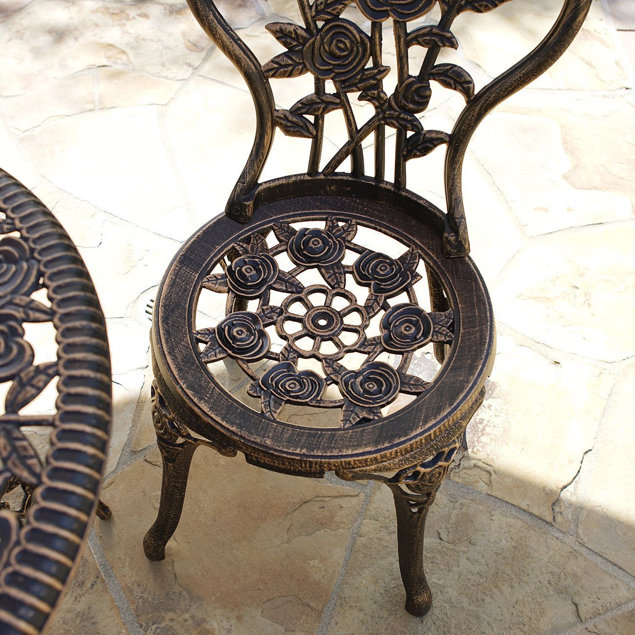Vintage Rose Pattern 3-Piece Outdoor Bistro Set - Cast Iron & Aluminum Patio Furniture with Antique Bronze Finish | Perfect for Garden, Balcony, and Backyard Dining