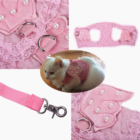 Small Pet Cat Dog Harness and Leash Set - Breathable Mesh Vest with Lace & Pearl Angel Wings + 49.21