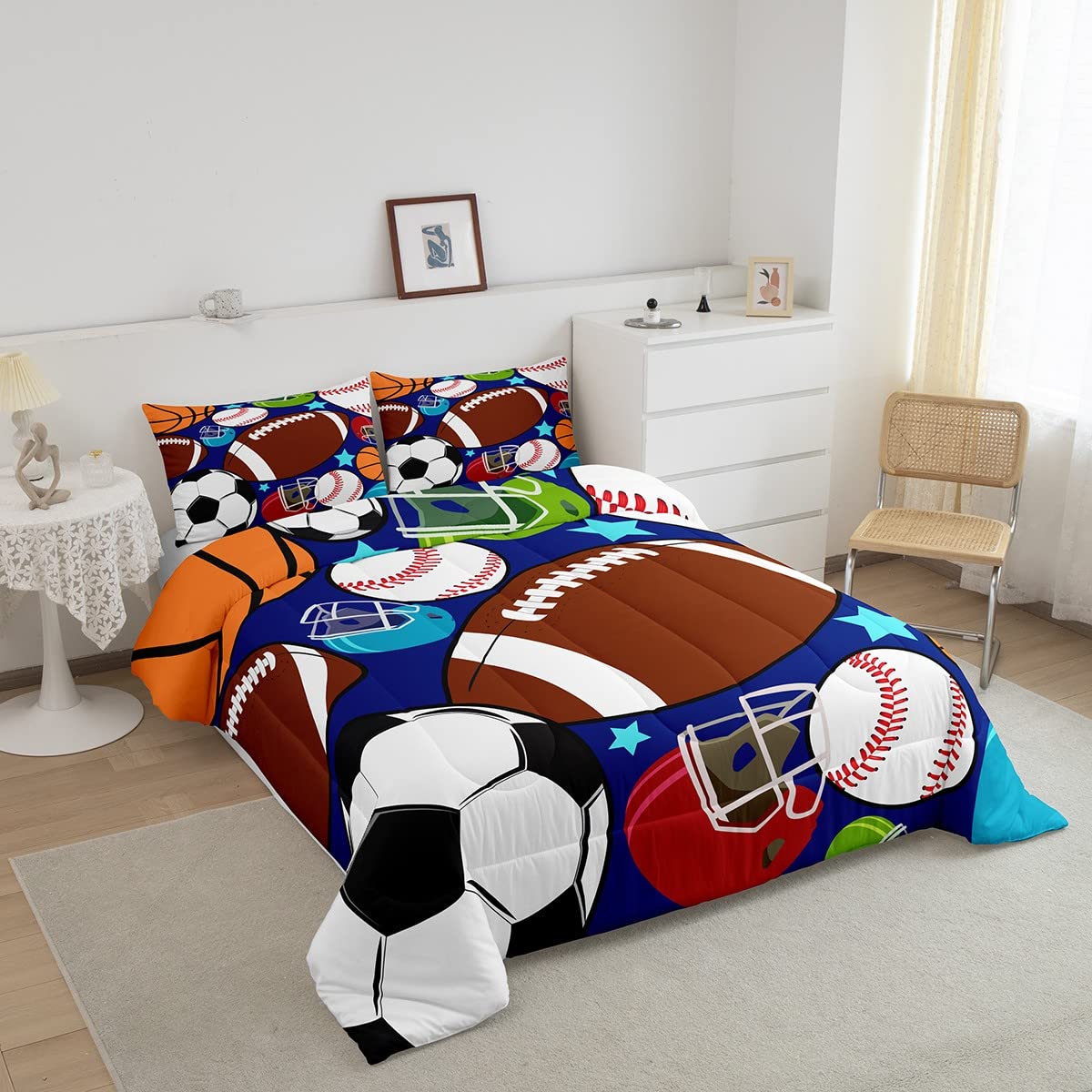 Kids Sports Comforter Set - Football, Basketball, Baseball - Queen Size with Pillowcases for Boys Bedroom