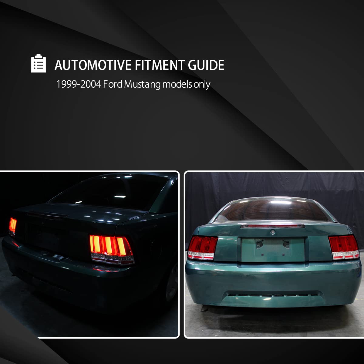 AUTOZENSATION LED Tail Lights for 1999-2004 Ford Mustang - Left & Right Pair, Jet Black Housing with Red LED Bar | Perfect for Night Driving & Car Customization