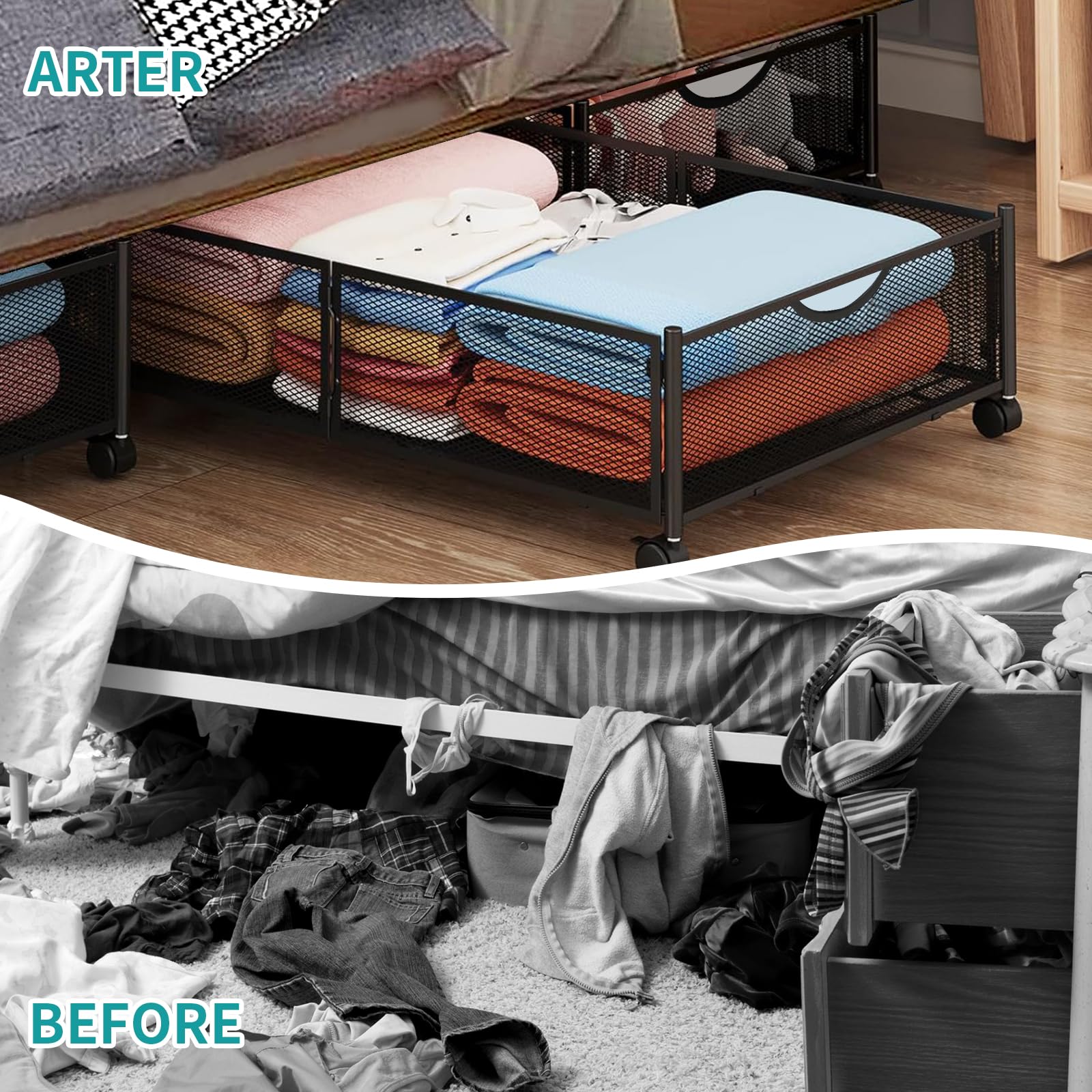 Kmise 4-Piece Underbed Storage Bins with Wheels - Metal Bed Storage Containers for Clothes, Blankets, Toys, Books & Shoes | Space-Saving Bedroom Organization Solution for Small Spaces & Apartment Living