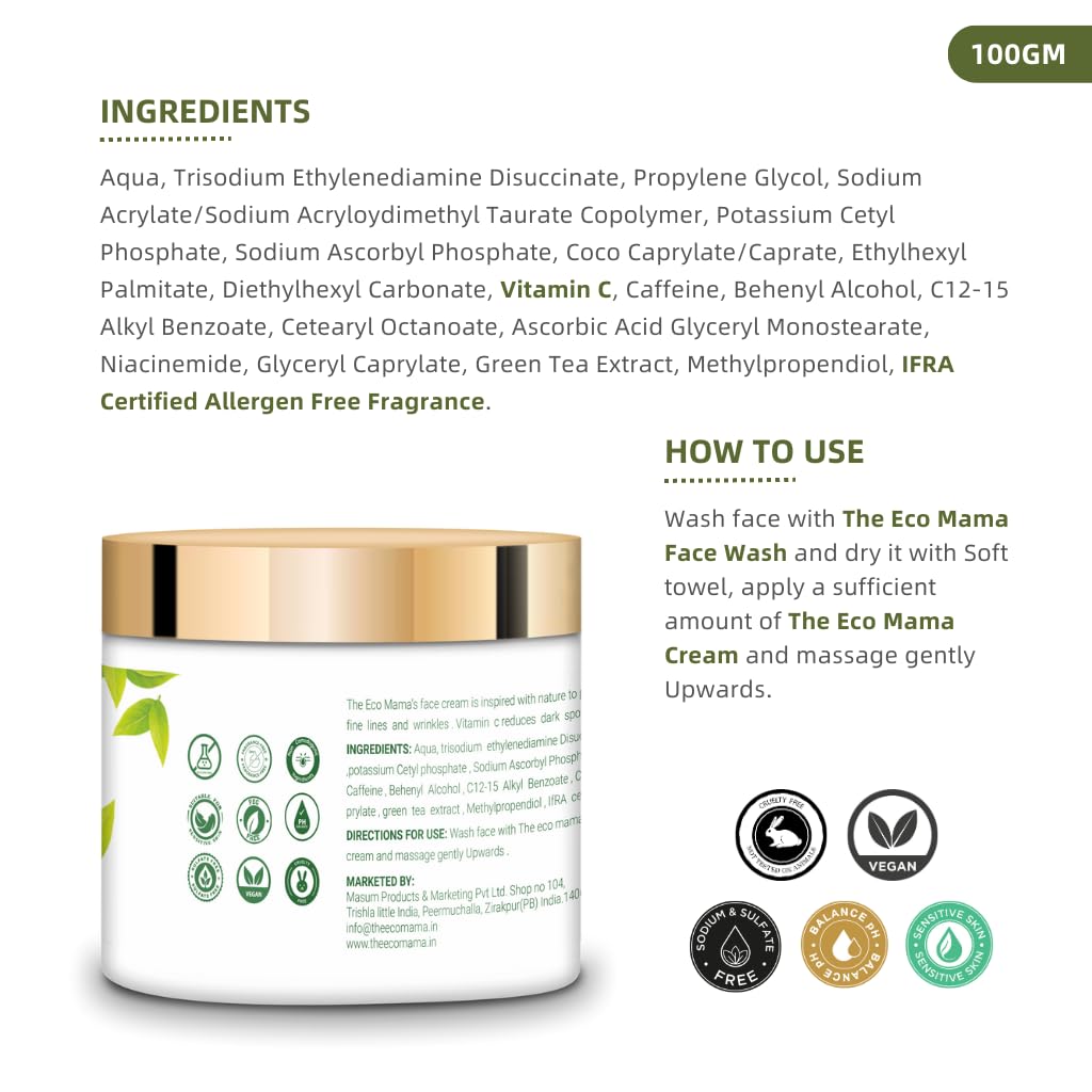Eco Mama Green Tea Face Cream - Anti-Aging Day Cream for Wrinkles & Dark Spots | 100g Organic Skincare | Perfect for Daily Hydration & Brightening