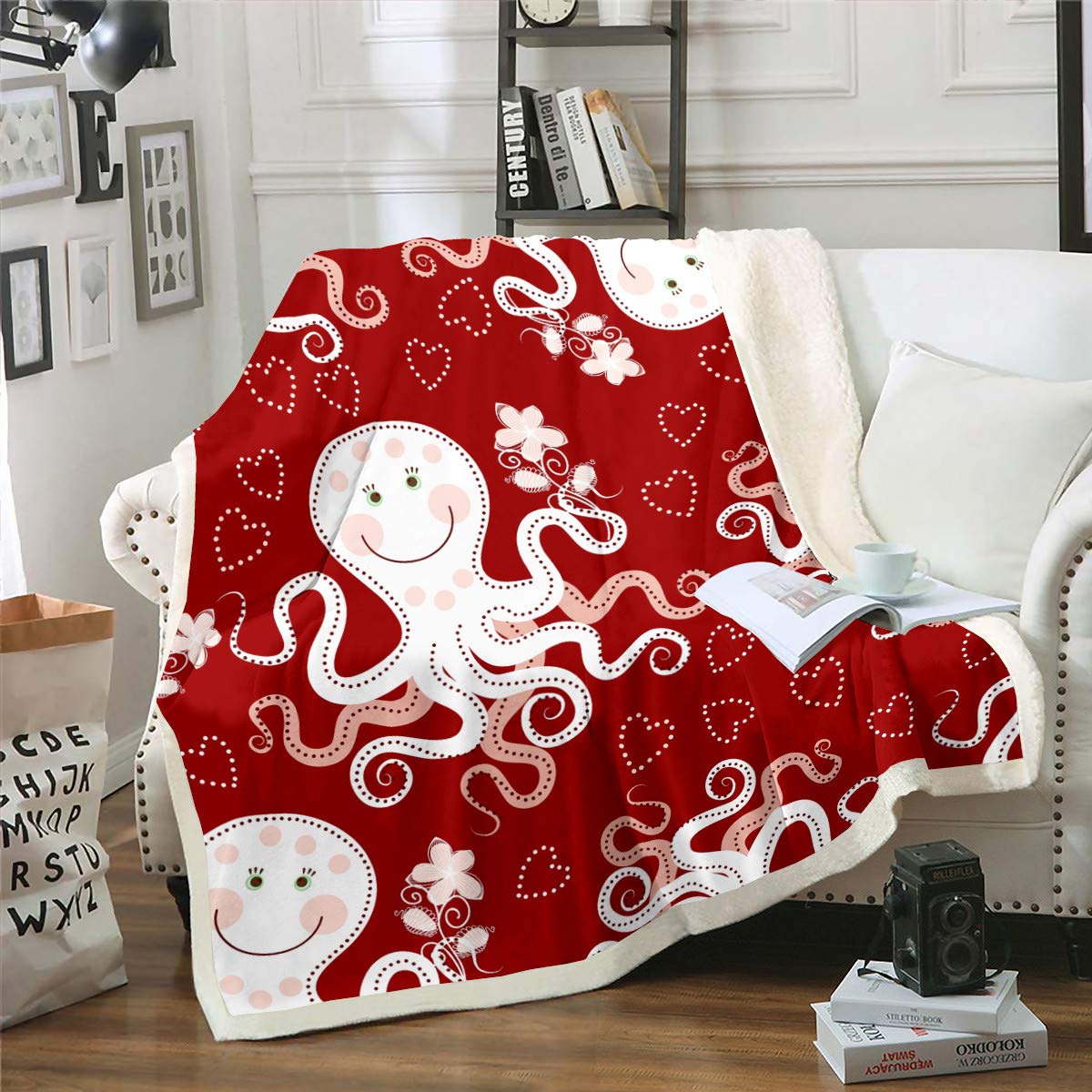 Soft White Octopus Flannel Blanket - 50x60 Inch Cozy Sherpa Throw for Couch, Sofa, Chair & Bed - Cute Floral Octopus Design Microfiber Blanket for Girls - Perfect for Home Decor, Gifts & Winter Warmth