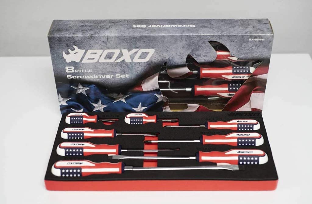 BOXO Limited Edition 8-Piece American Flag Handle Screwdriver Set - Durable Home & Auto Repair Tools for DIY Projects, Construction, and Maintenance