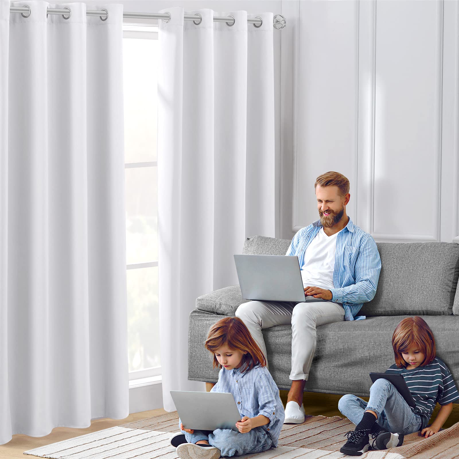 HomeIdeas Greyish White Blackout Curtains - 52x96 Inch Thermal Insulated Room Darkening Drapes with Grommets, 2 Panels Set for Bedroom & Living Room - Soundproof Window Treatments for Better Sleep & Energy Efficiency