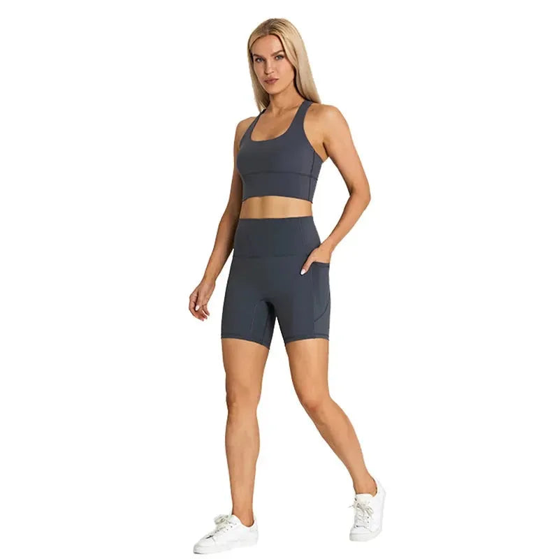 ABS LOLI Pockets Yoga Shorts Set for Women - 2 Piece High Waist Workout Outfit with Side Pockets | Gym Wear, Running Shorts & Sports Clothes | Perfect for Yoga, Fitness Training & Casual Athleisure Wear