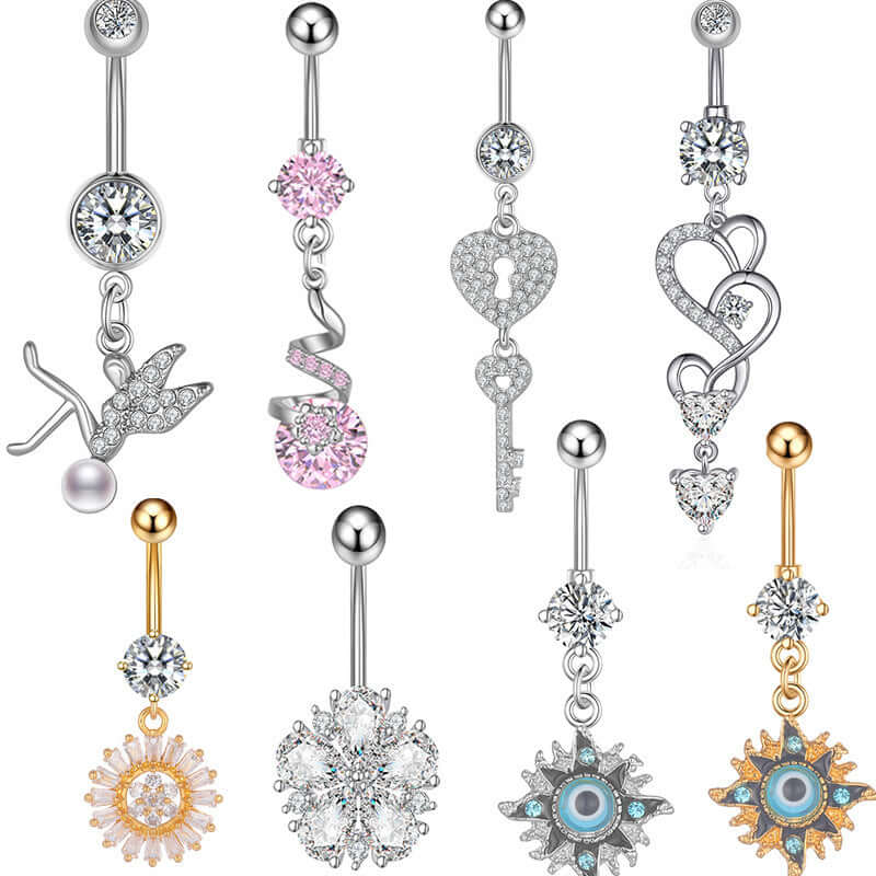 14G Gold Evil Eye Dangle Belly Button Ring Piercing Jewelry for Women | Navel Bar with Evil Eye Charm | Perfect for Belly Dance, Beach Wear & Body Jewelry Collection (Style Q2577)