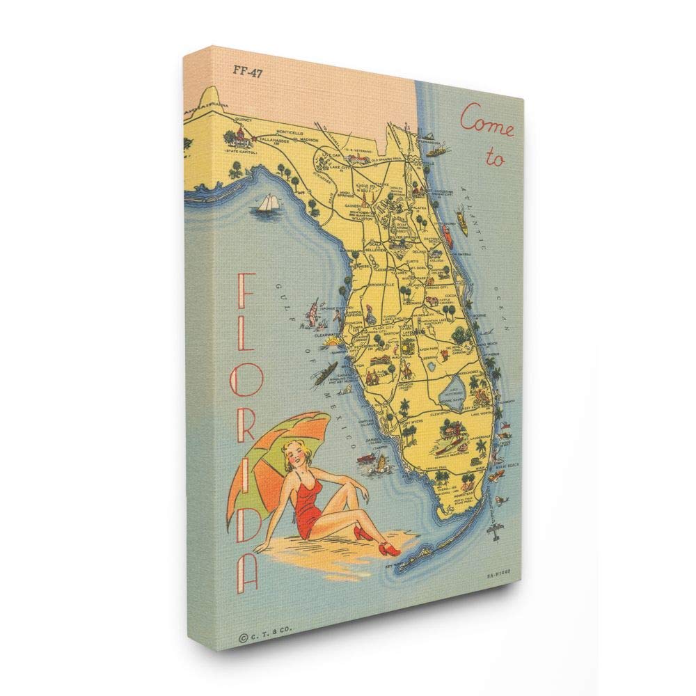 Vintage Florida Map & Retro Beach Girl Postcard Canvas Wall Art - 36