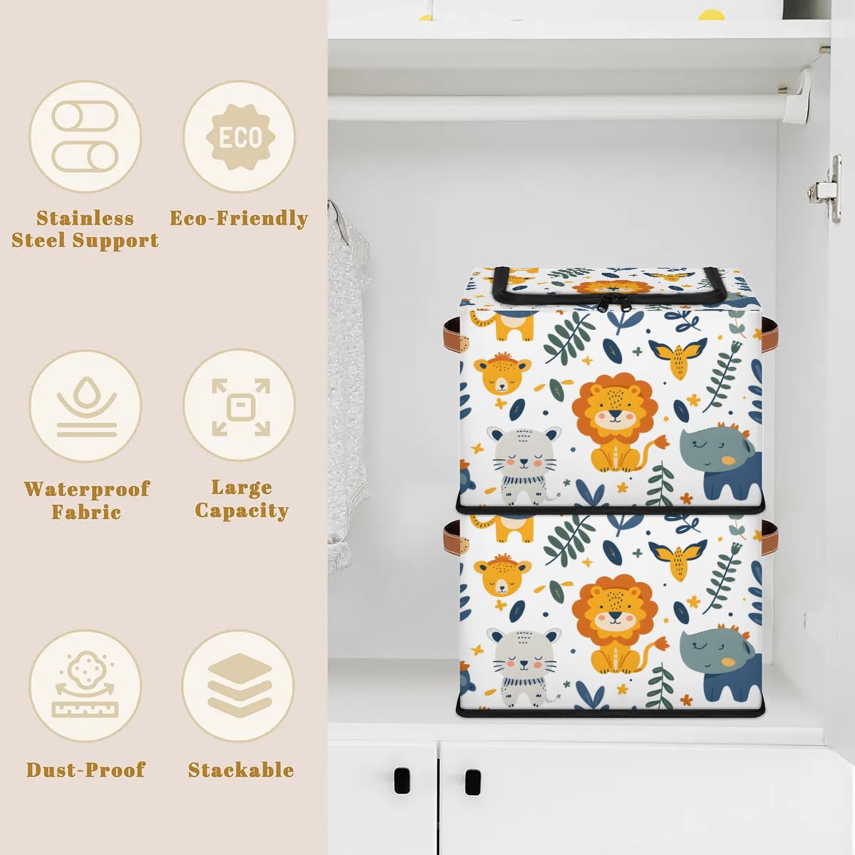 2-Pack Stackable Lion Print Storage Bins with Zipper Lid & Metal Frame - PU Handled Closet Organizer Cubes for Clothes, Toys, Blankets | Bedroom, Nursery, Playroom Storage Solution