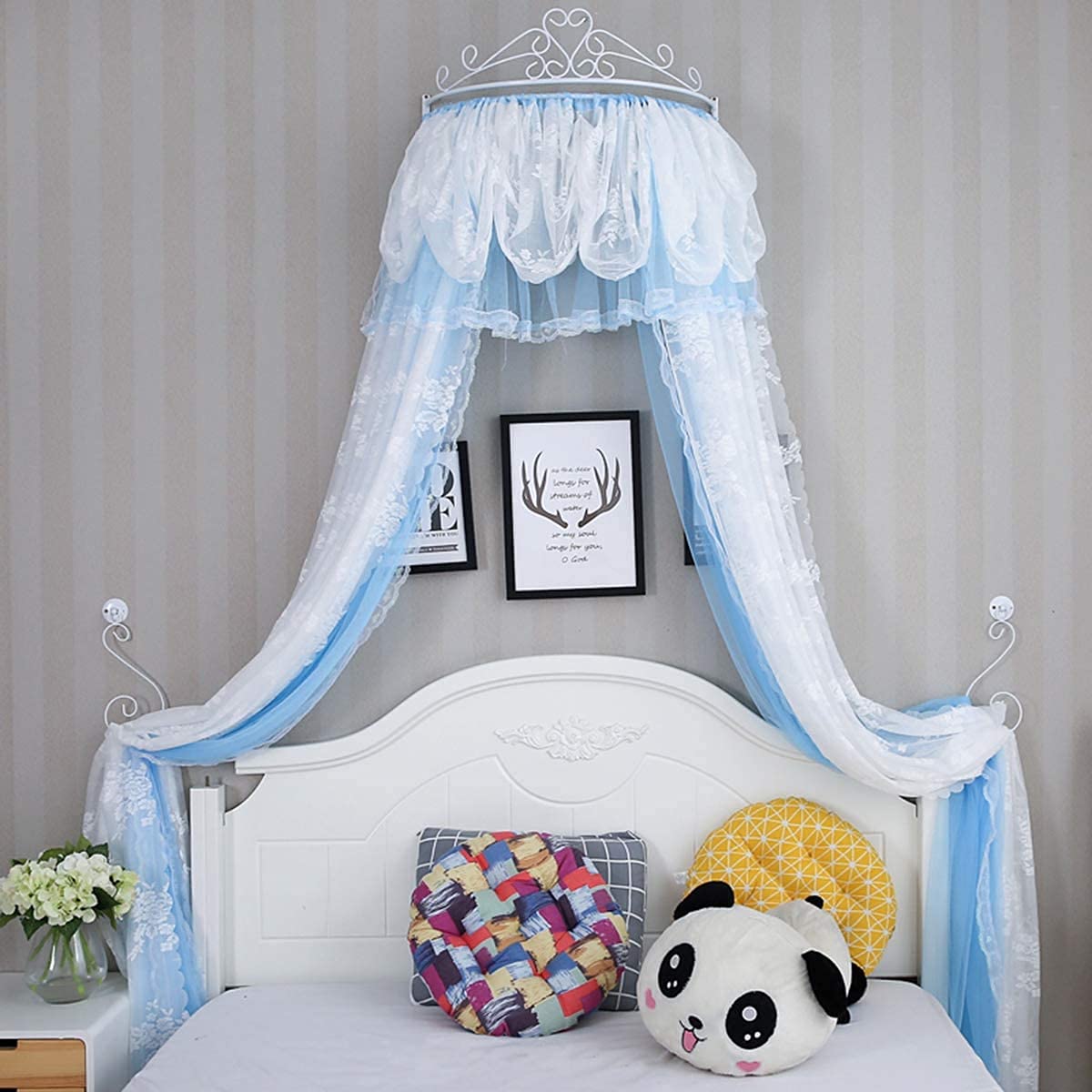 ESGT Princess Bed Canopy for Girls - Round Lace Curtain Dome with Metal Crown, Kids Room Decor, Play Tent & Hanging Net for Bedroom, Nursery, or Playroom