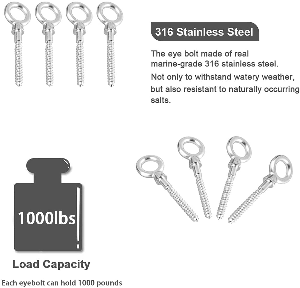 Abimars 4PCS M10 316 Stainless Steel Eye Bolts - 1000lbs Load Capacity Heavy Duty Screw Hooks for Hanging Hammocks, Swing Chairs, Heavy-Duty Suspension - Perfect for Outdoor, Garage, and Home Decoration Use