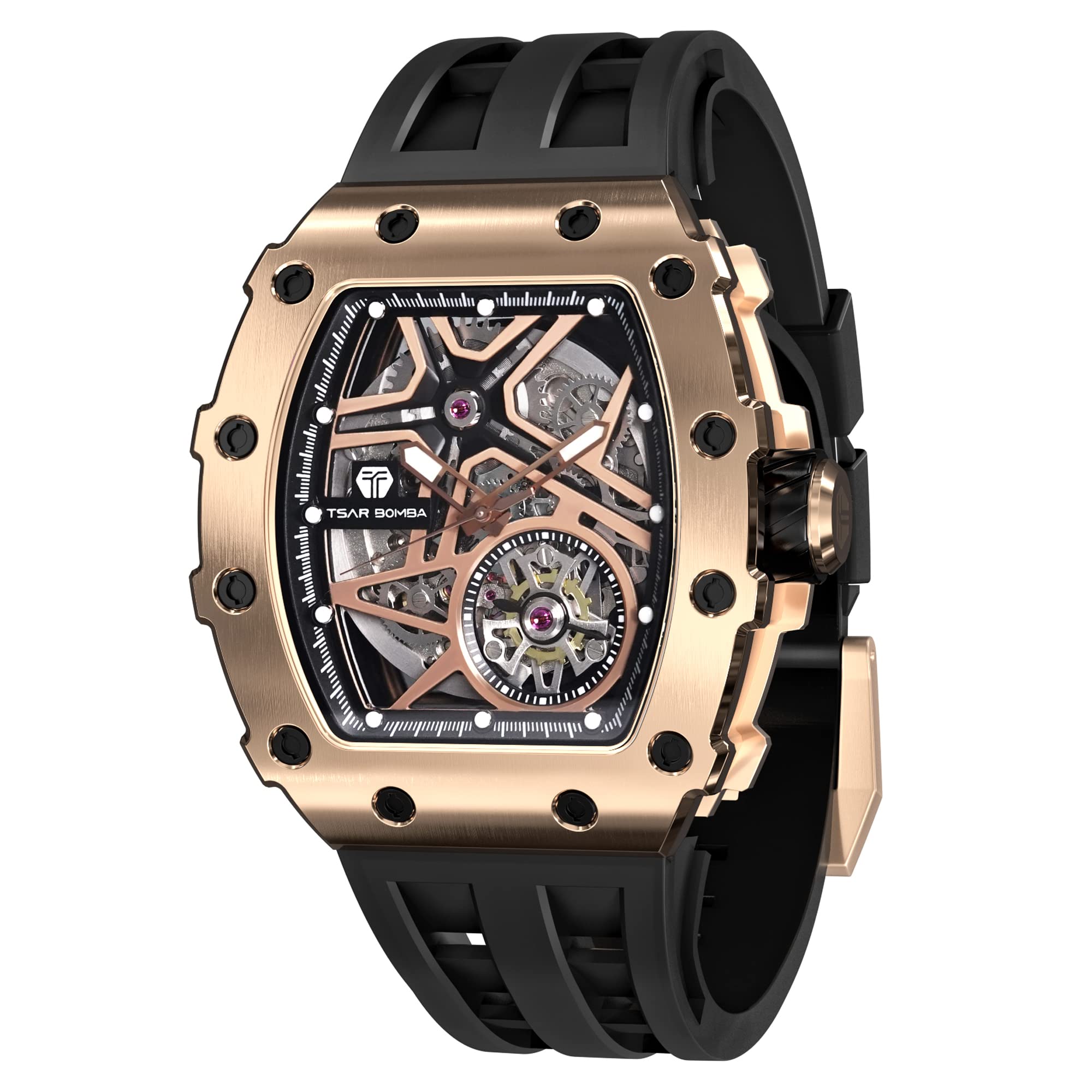 TSAR BOMBA Men's Luxury Automatic Skeleton Watch - Silver Square Big Face with Silicone Strap - 50M Waterproof Analog Watch for Business, Work & Formal Occasions - Unique Cool Gift for Men