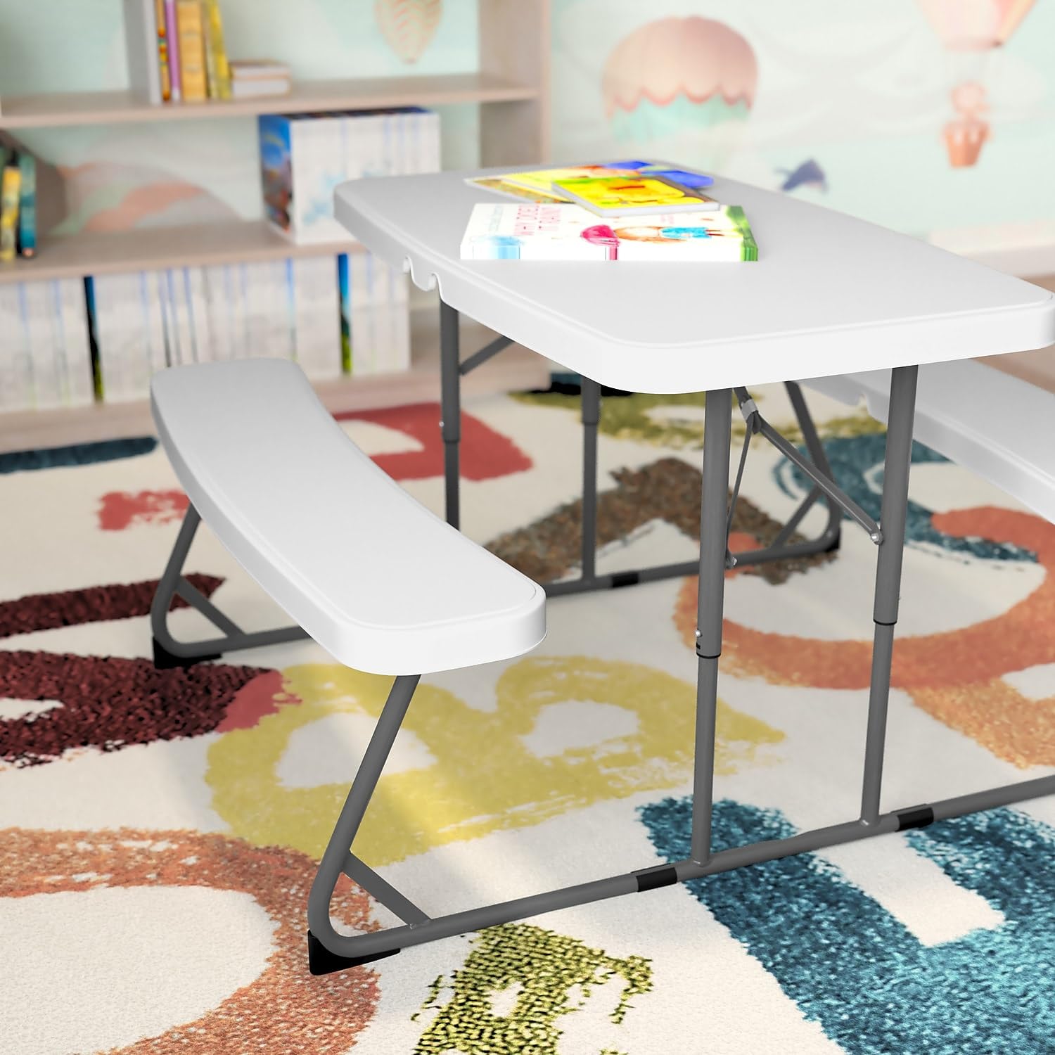 Flash Furniture Paige Easy-Fold Kids Outdoor Picnic Table and Benches Set - Durable Commercial-Grade Folding Plastic Play Table for Toddlers Ages 2-5 - White - Perfect for Daycare, Preschool, Backyard, and Park Use