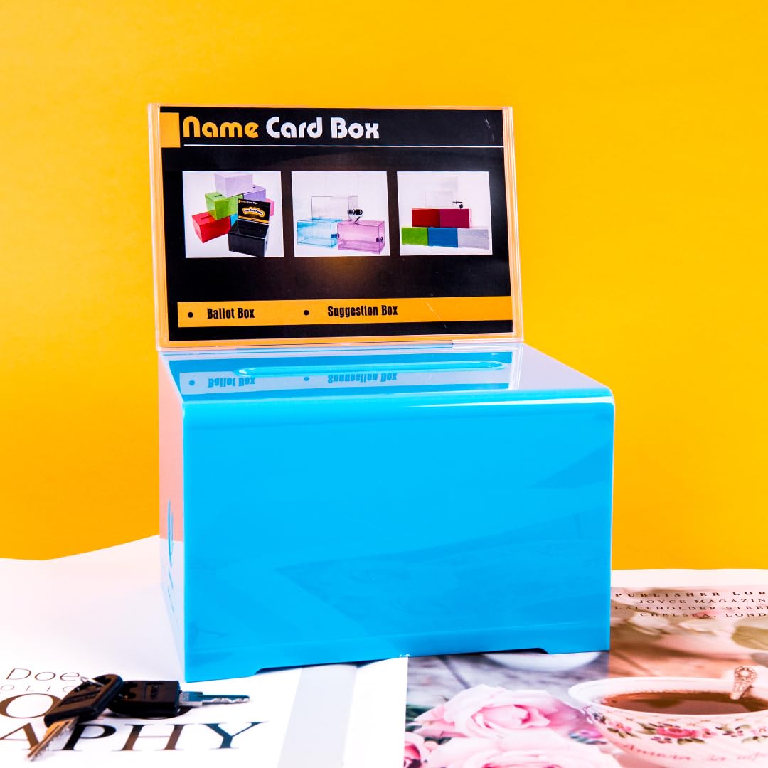 Acrylic Suggestion Box with Lock & Sign Holder - Secure Donation Box, Tip Jar, Ballot Box for Votes, Surveys, Raffles, Elections (6.2x4.7x4 Inch, Blue) - Perfect for Restaurants, Retail Stores & Community Events