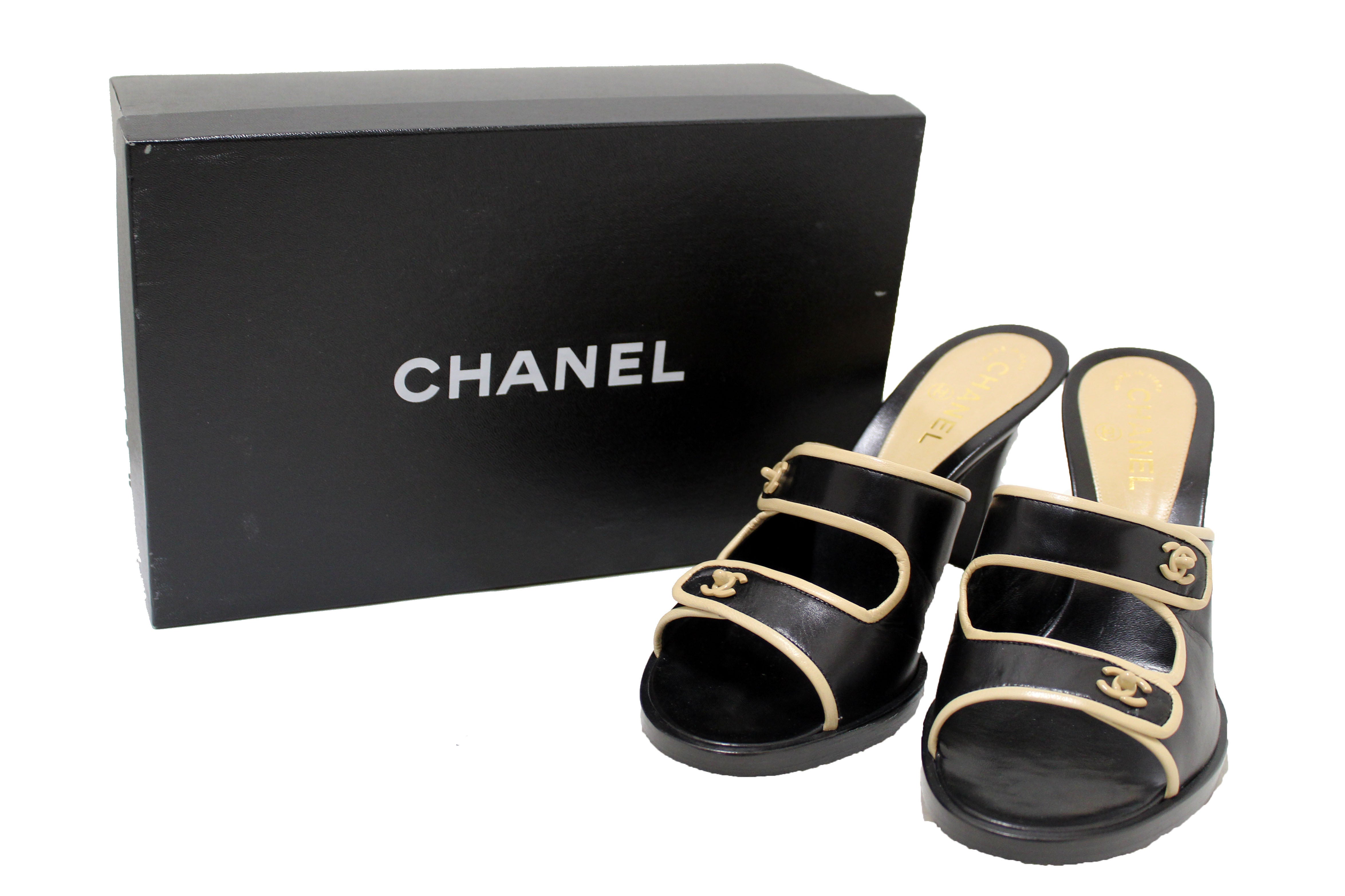 Authentic Chanel Black Leather CC Logo Turnlock Mule Sandals with Strap - Size 40 | Luxury Heeled Slides for Women, Perfect for Parties & Evening Events