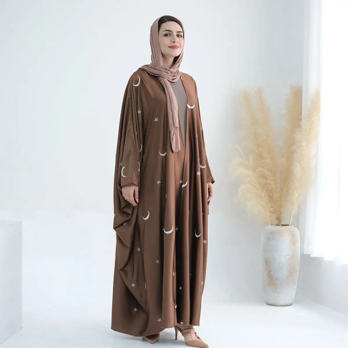 Elegant Muslim Women's Satin Moon Embroidery Cardigan Open Farasha Abaya Dress - Perfect for Eid, Wedding & Special Occasions