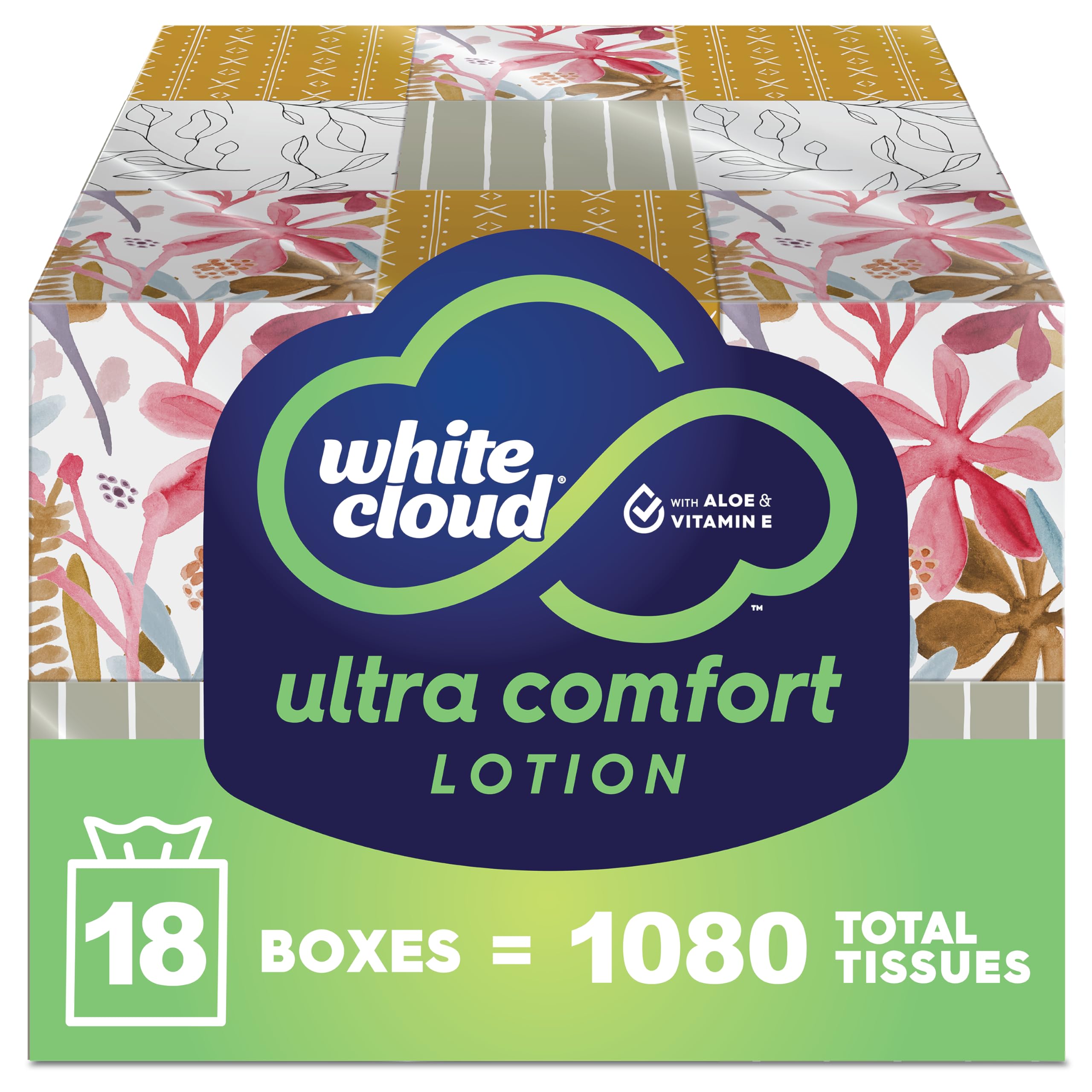 White Cloud Ultra Comfort Lotion 3-Ply Facial Tissues with Aloe & Vitamin E - 18 Box Multipack (60 Tissues per Box) | Soft & Gentle for Daily Use, Travel, Office & Home Care