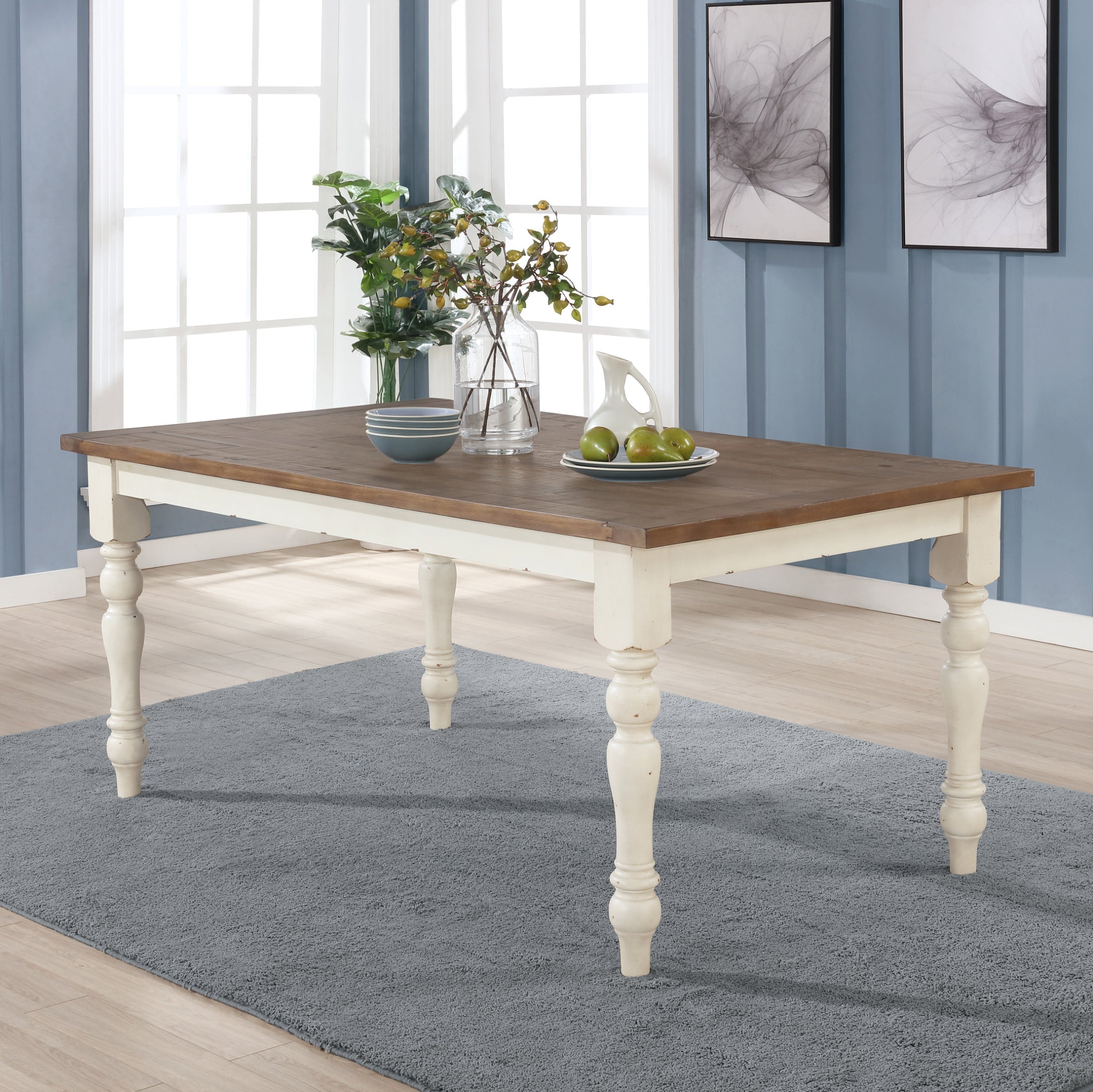 Antique White and Distressed Oak Two-Tone Wood Dining Table - Rustic Farmhouse Style for Kitchen, Dining Room, and Home Decor