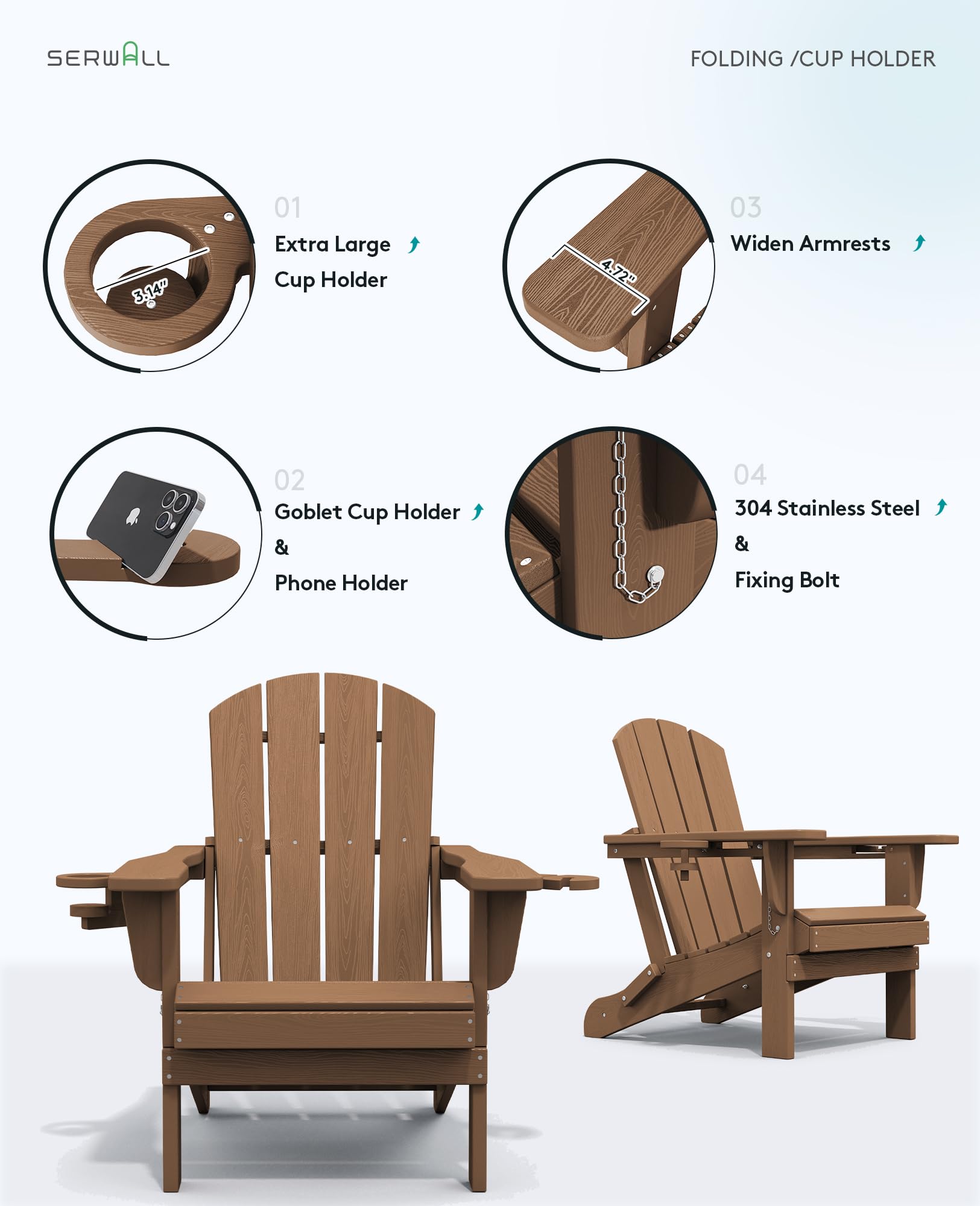 Premium SERWALL Adirondack Chair Set of 2 with Cup Holders - Durable HDPE Composite Outdoor Patio Chairs for All-Weather Use (Brown) - Perfect for Backyard, Garden, Poolside & Deck Relaxation