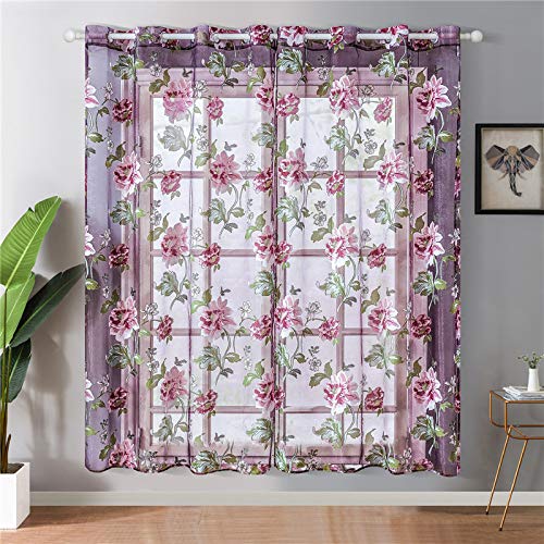 Elegant Purple Floral Tulle Sheer Curtains - Light Filtering Voile Window Drapes for Living Room, Bedroom & Kitchen | Peony Design Home Decor for Privacy & Sun Protection