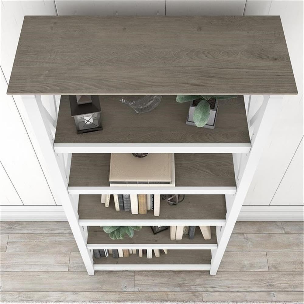 BOWERY HILL 5-Shelf Coastal Wood Tall Bookcase - Shiplap Gray & White - Perfect for Beach House, Farmhouse & Living Room Storage