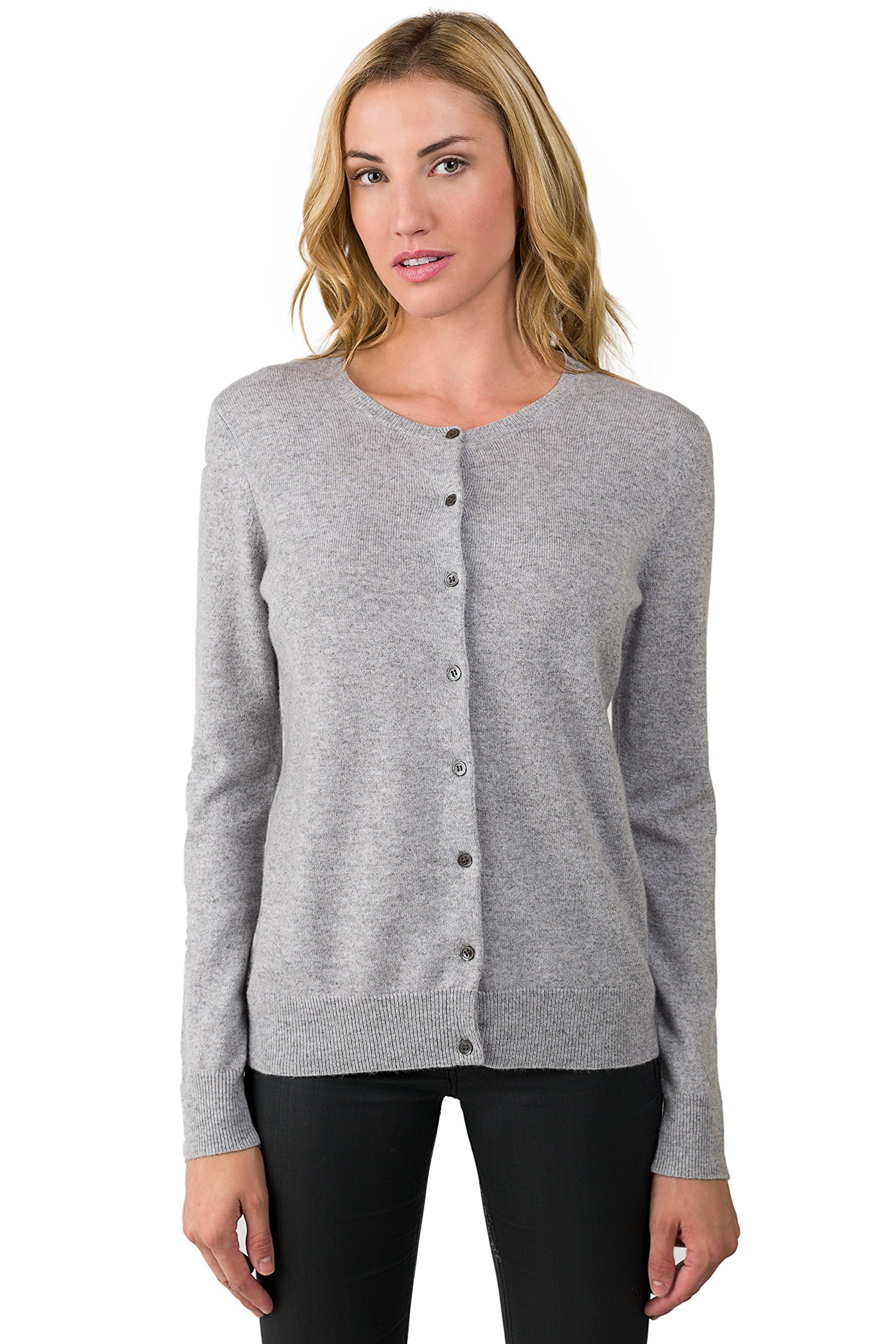 JENNIE LIU Women's 100% Cashmere Button Front Long Sleeve Crewneck Cardigan Sweater | Soft Warm Winter Knitwear | Perfect for Office, Date Night & Cozy Home Wear