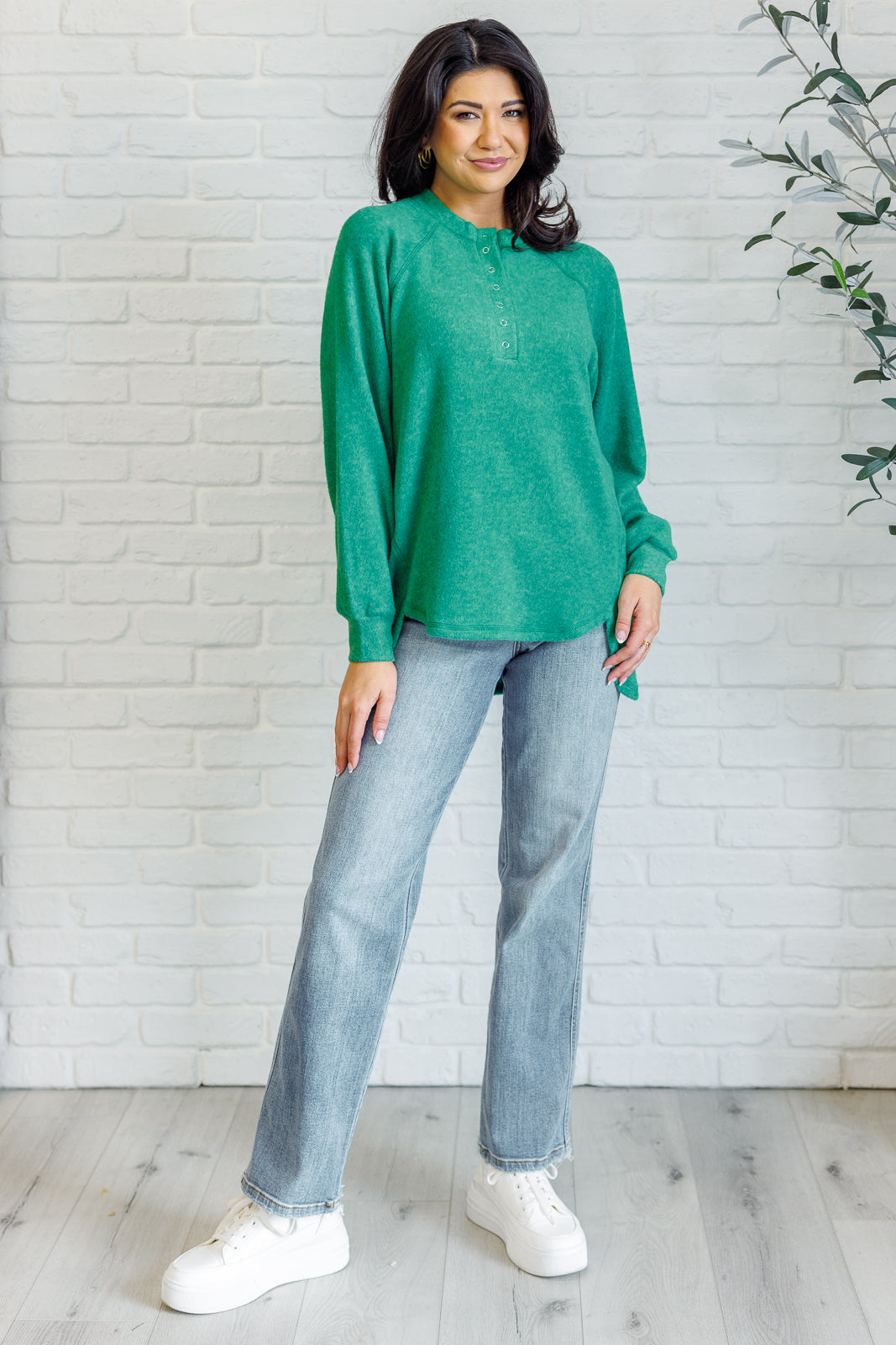 Keeping it Real Brushed Melange Hacci Long Sleeve Tee in Forest Green | Soft Casual Women's Top for Fall & Winter | Perfect for Layering, Coffee Dates and Weekend Outfits