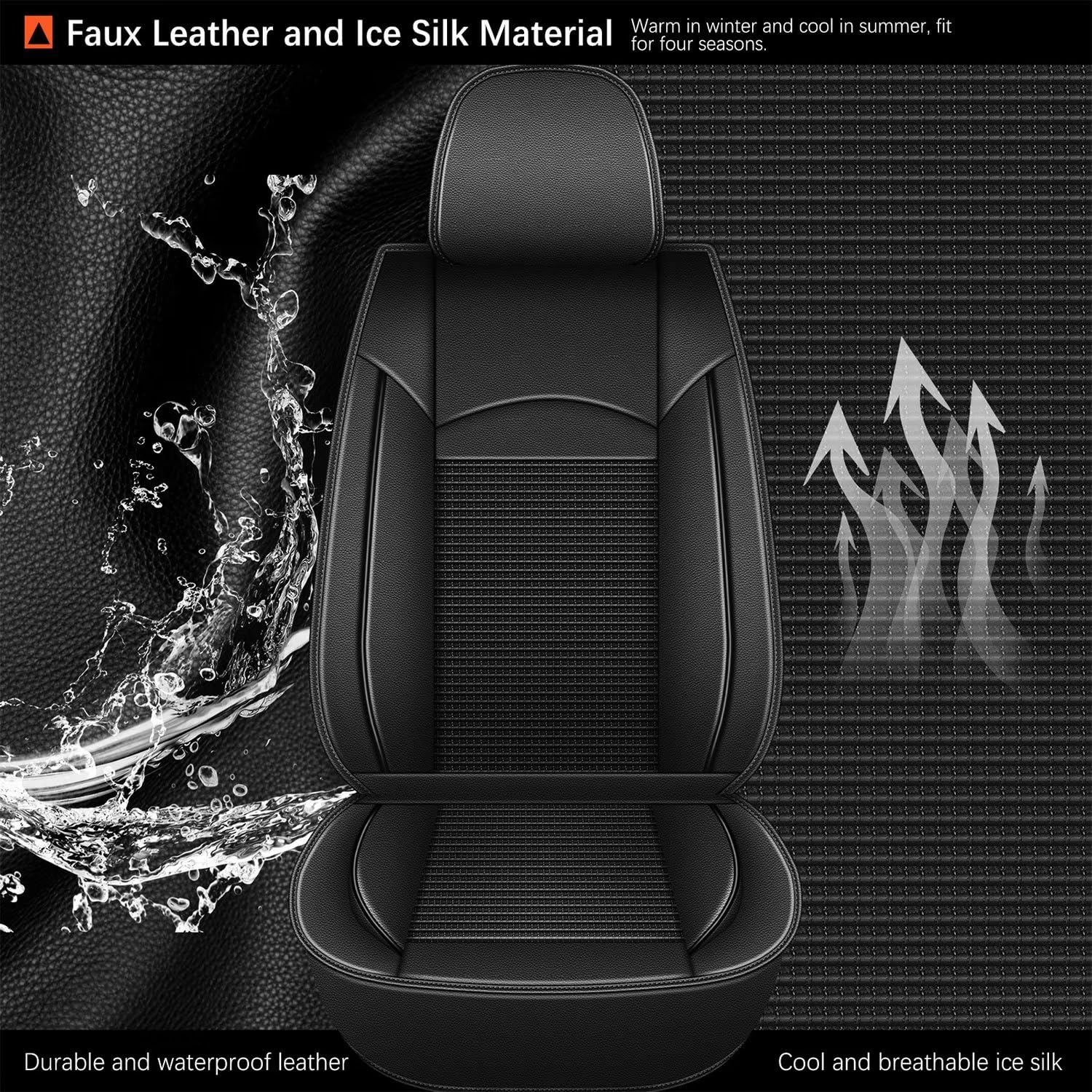 Premium Leather & Ice Silk Car Seat Covers for Volkswagen Jetta 2008-2025 - Waterproof, Breathable Front Seat Protectors (2-Piece Set, Black) | Perfect for Daily Commuting, Road Trips & Car Interior Protection