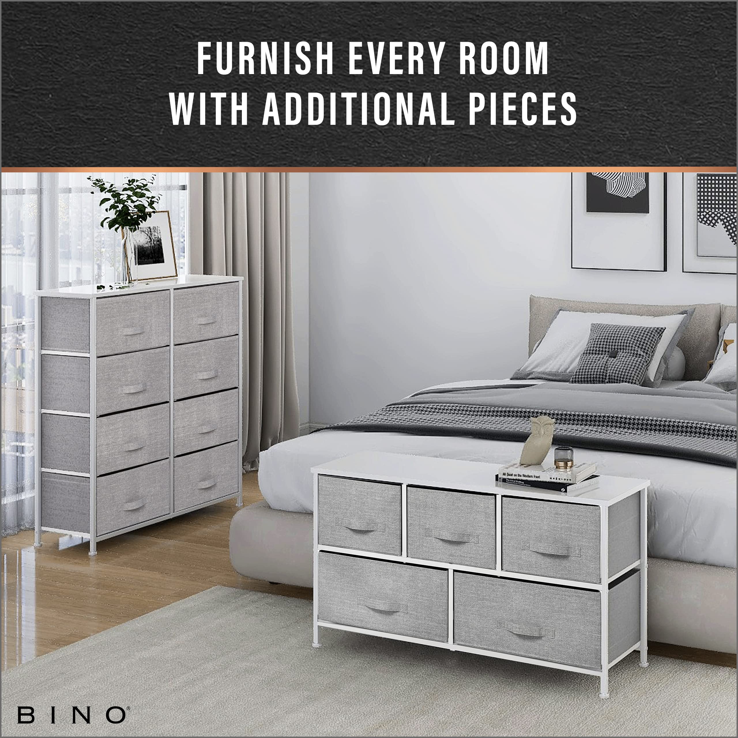 BINO 7-Drawer Fabric Dresser Organizer, Light Grey - Space-Saving Closet Storage Unit with Removable Drawers | Perfect for Bedroom, Nursery, Hallway & Entryway Organization | Foldable Clothes Drawer Tower for Home & Office Use