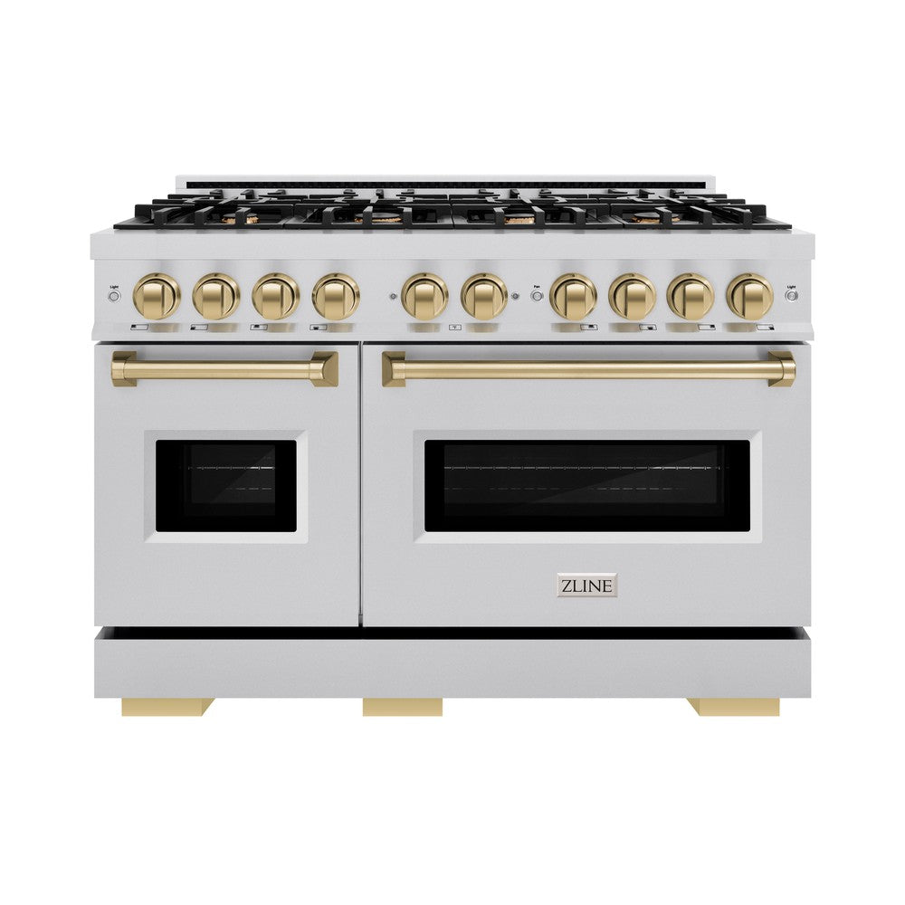 ZLINE Autograph Edition 48-inch 6.7 cu. ft. Classic Double Oven Dual Fuel Range with 8-Burner Gas Cooktop - Stainless Steel & Champagne Bronze Accents (CDRZ 48 CB) - Perfect for Professional Kitchens & Luxury Home Cooking