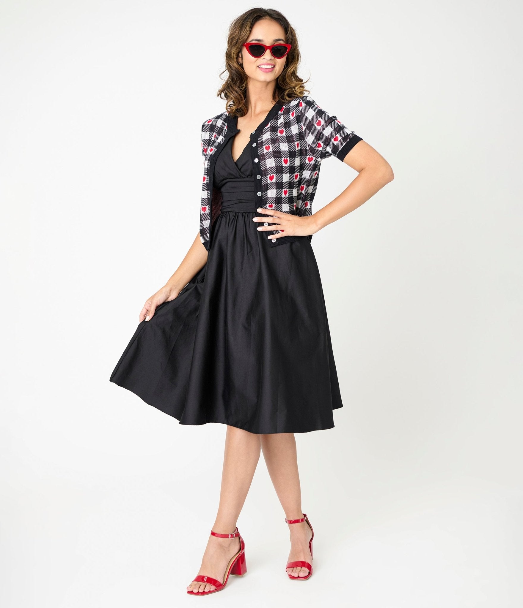 Hell Bunny Black & White Gingham Red Heart Cropped Cardigan - Vintage Style Women's Sweater for Casual Outfits & Date Nights