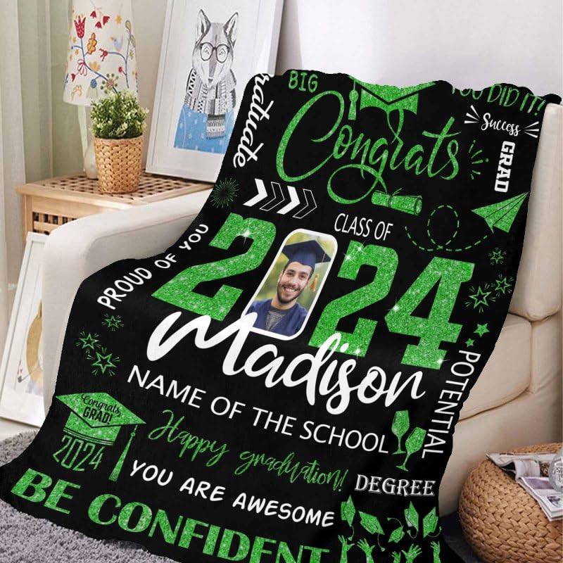 YESCUSTOM Personalized Graduation 2025 Photo Blanket - Custom Name & Text Throw Blanket with Big Dream Design - Perfect Graduation Gift for Son, Daughter, High School & College Students - Great for Dorm Rooms, Home Decor & Commemorative Keepsakes