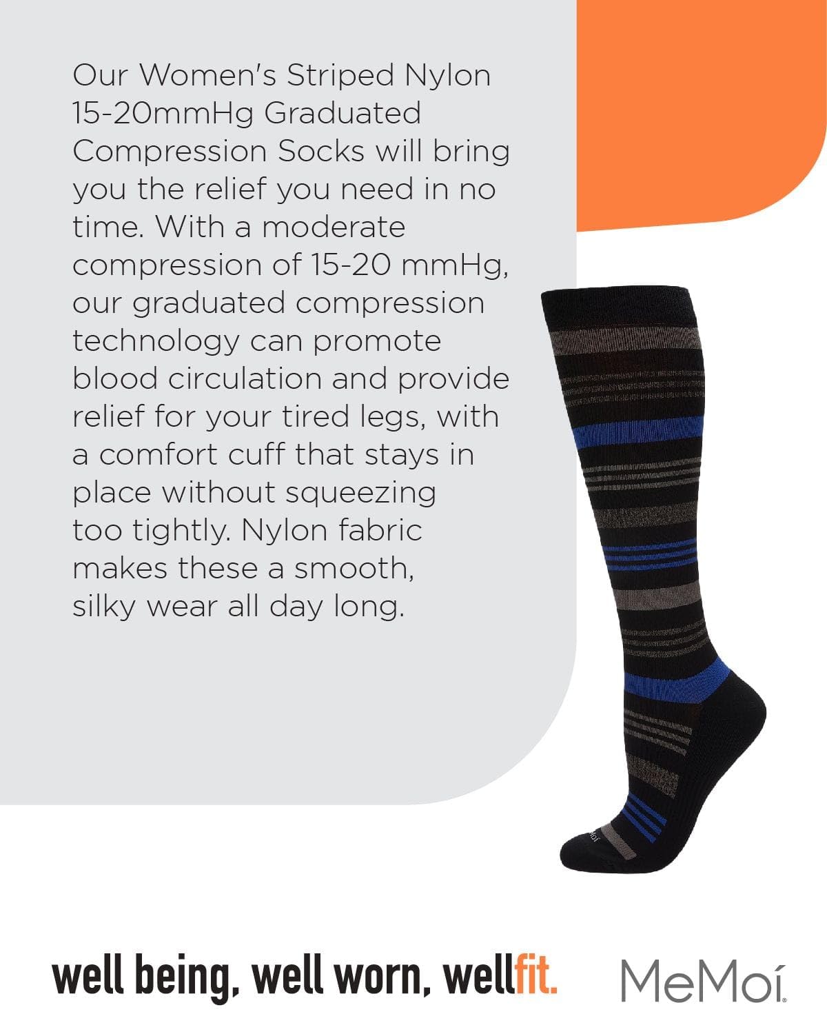 MeMoi Women's Striped Nylon 15-20mmHg Graduated Compression Socks for Circulation, Running & Travel - Comfortable Support Socks for Nurses, Athletes & Long Flights