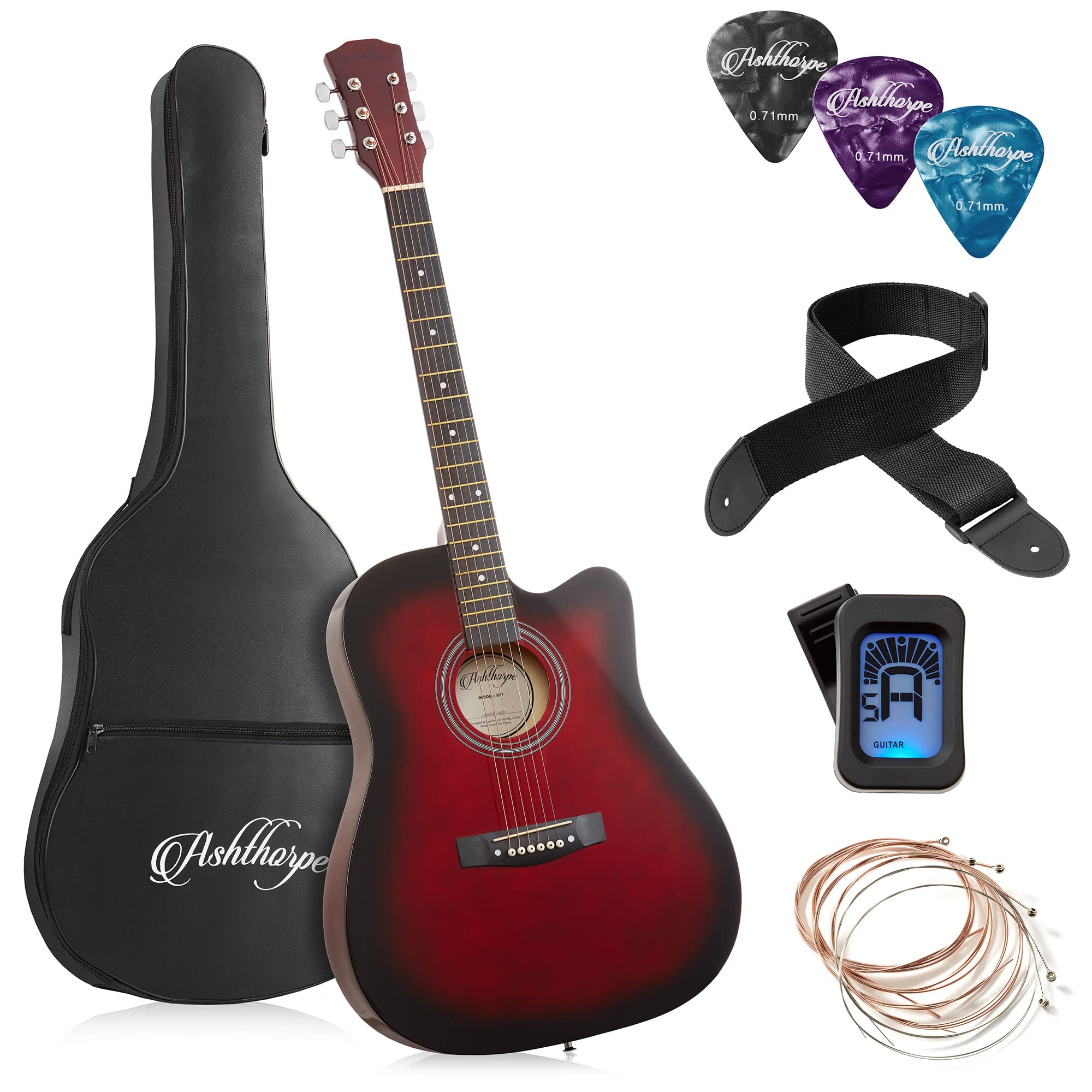 Ashthorpe 41-inch Cutaway Acoustic Guitar Beginner Kit (Red) - Full Size Starter Package with Gig Bag, Strings, Strap, Tuner & Picks - Perfect for Beginners, Campfires & Home Practice