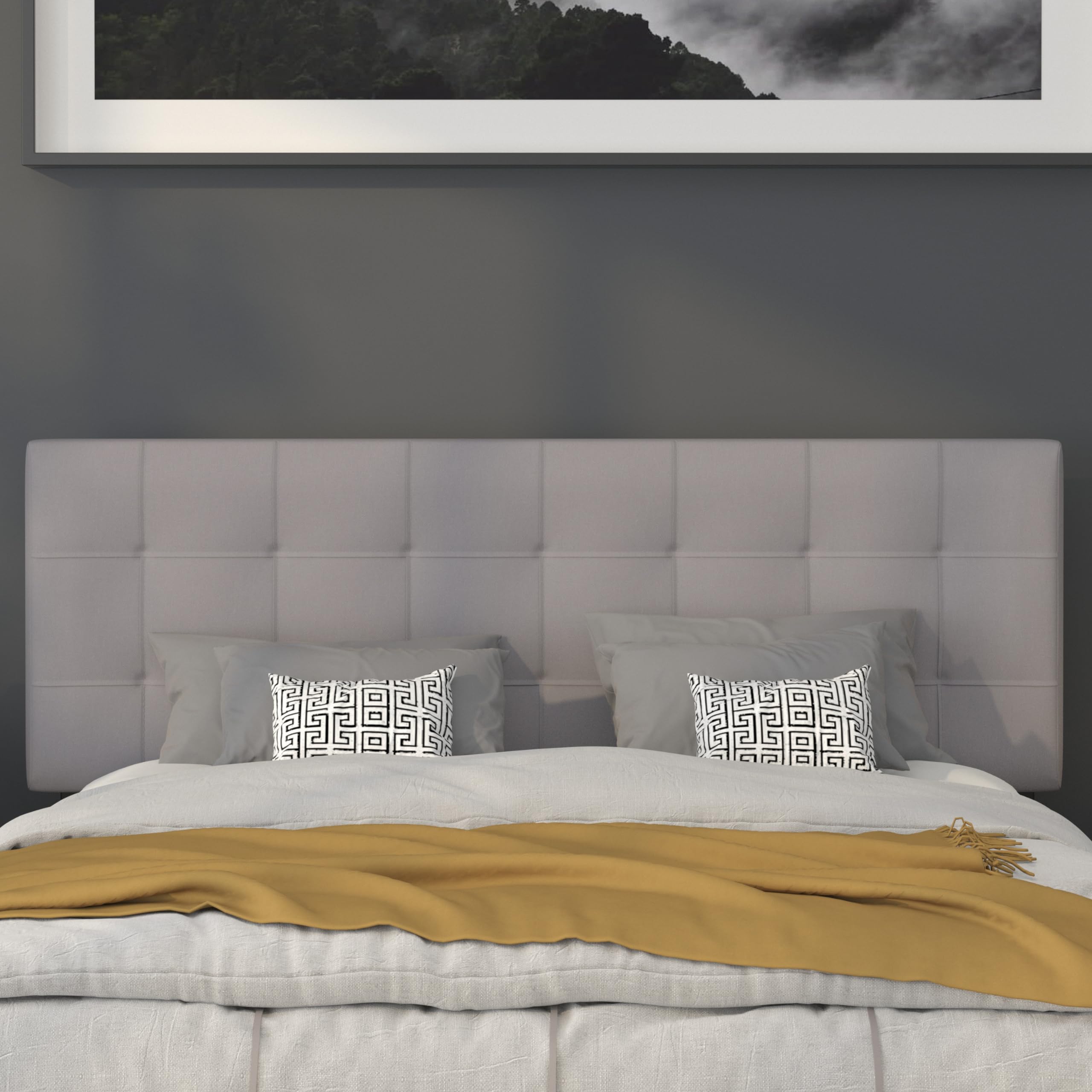 Quilted Tufted Queen Size Headboard - Light Gray Upholstered Fabric for Bedroom Decor | Elegant Bed Frame Accent for Master & Guest Rooms