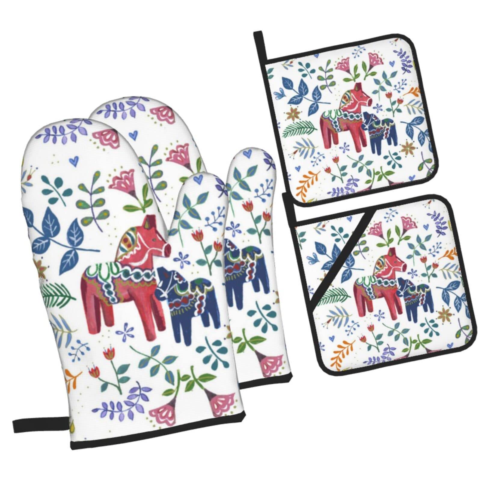 Floral Swedish Dala Horse Oven Mitts & Pot Holders Set - Heat Resistant Kitchen Gloves for Cooking, Baking, Grilling & BBQ - Perfect for Swedish-Themed Kitchens & Home Decor