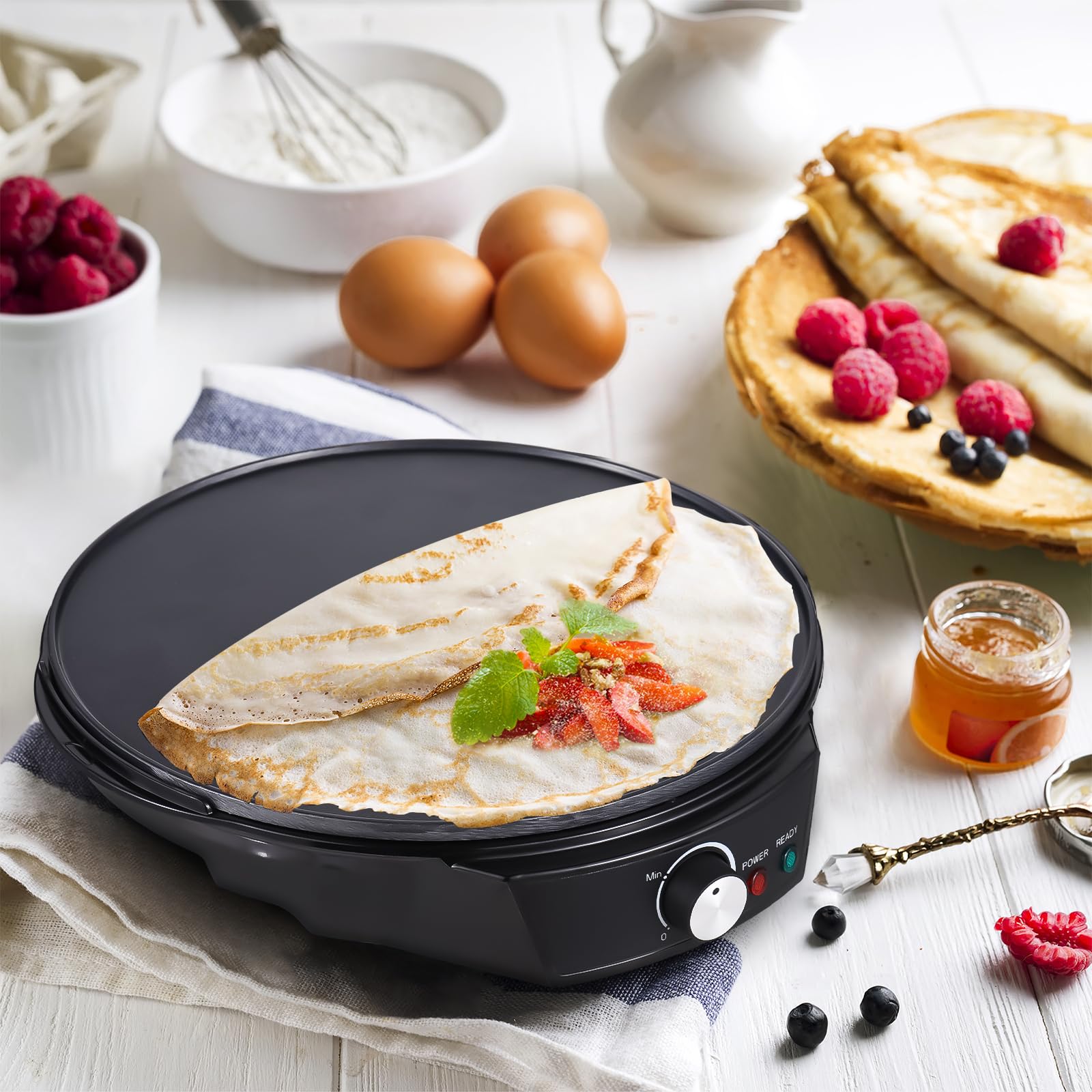 Decdeal 1200W Electric Crepe Maker with Adjustable Temperature (50-210°C) - Non-Stick Pancake Griddle for Roti, Tortilla, Blintzes - Includes Wooden Spatula & Batter Spreader - Perfect for Breakfast, Brunch & Dessert Making at Home