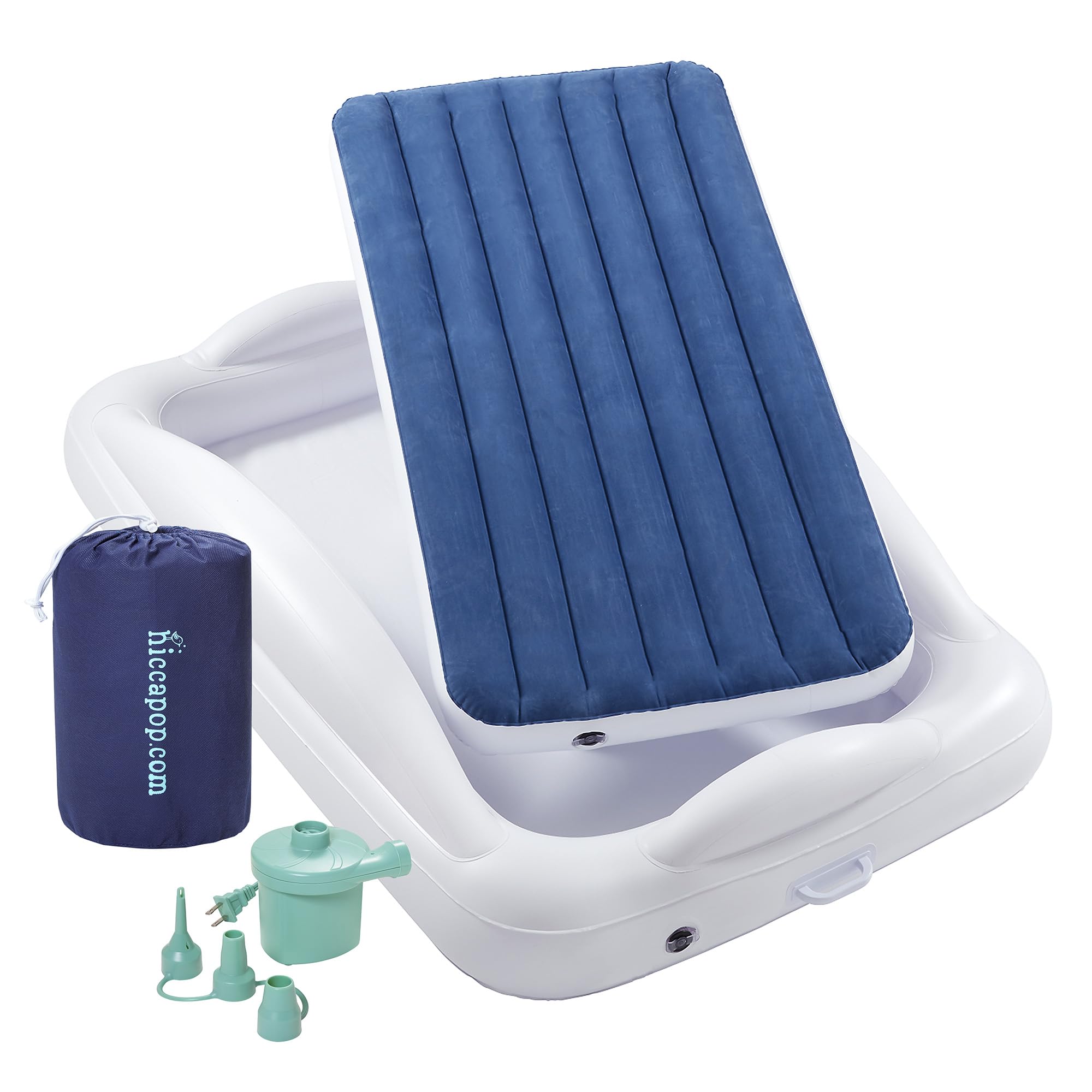 Hiccapop Inflatable Toddler Travel Bed with 4-Sided Safety Bumpers | Portable Kids Air Mattress for Camping & Sleepovers | Navy Blue Toddler Bed for Home, Travel & Daycare Use