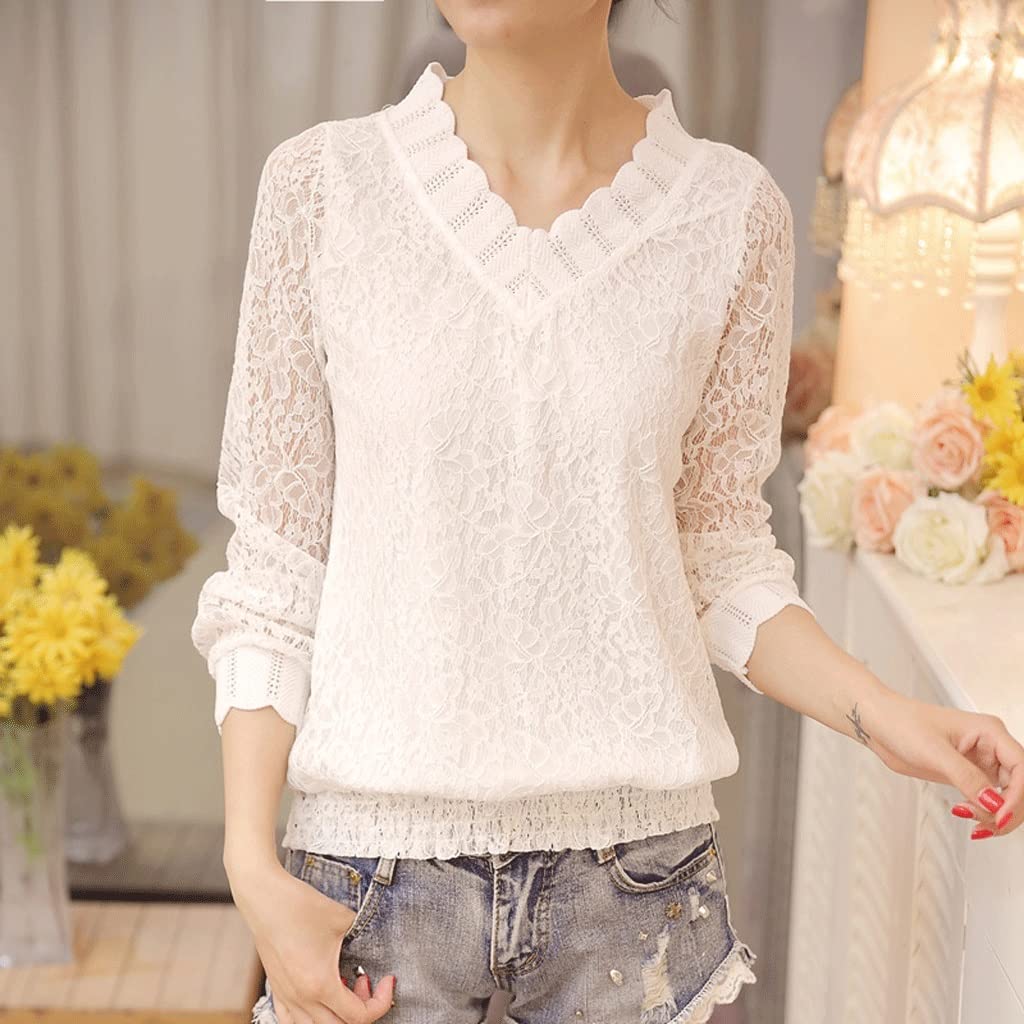 Elegant Autumn Women's Blouse - Long Sleeve V-Neck Lace Shirt for Women, Sweet & Slim Fit (White, Small) | Perfect for Office Wear, Date Nights & Special Occasions