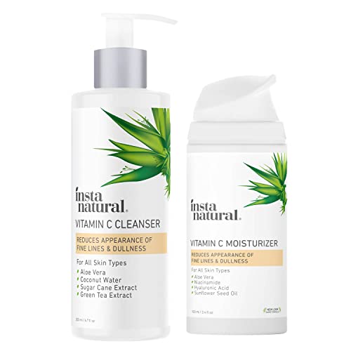 InstaNatural Vitamin C Face Wash & Moisturizer Set - Brightening Cleanser & Hydrating Facial Cream with Hyaluronic Acid, Ferulic Acid, Niacinamide | Glowing Skin Care Routine for Morning & Night Use