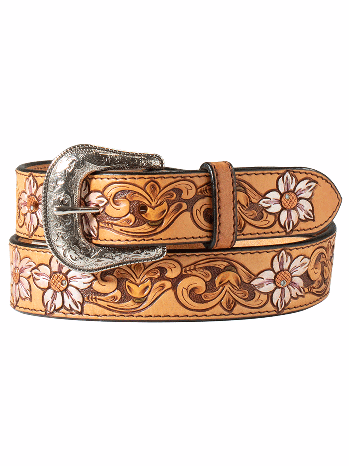 Nocona Women's Hand Tooled Leather Belt with Metallic Flowers - Western Style Tan Belt for Casual Wear & Cowgirl Outfits