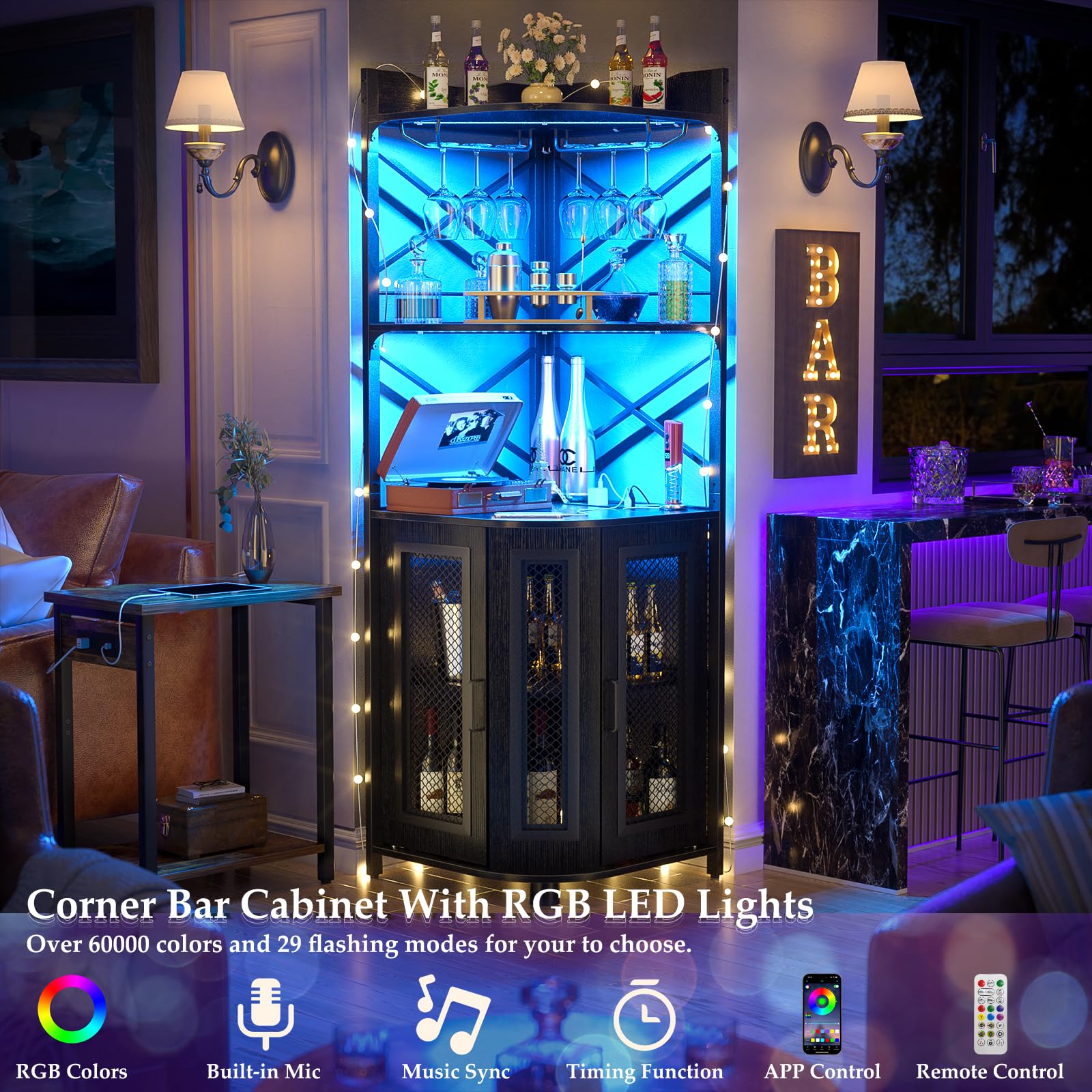 Industrial 5-Tier Corner Bar Cabinet with Power Outlet & LED Lighting - Modern Wine Liquor Storage Cabinet with Glass Holder, Black - Perfect for Small Spaces, Home Bars, and Stylish Corner Displays