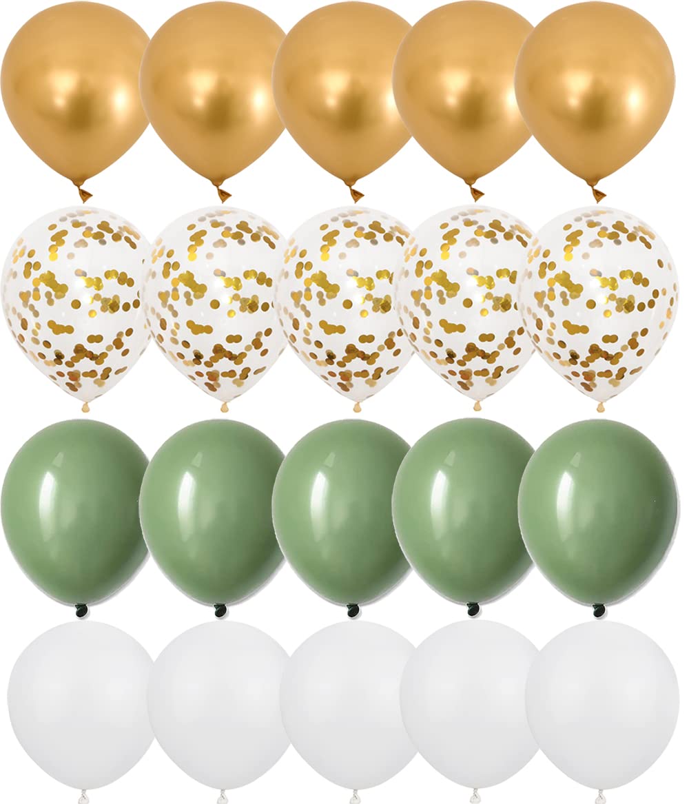 OTMVicor 20-Pack Metallic Gold, Sage Green & White 12-Inch Confetti Balloons | Party Decorations for Birthdays, Weddings & Baby Showers
