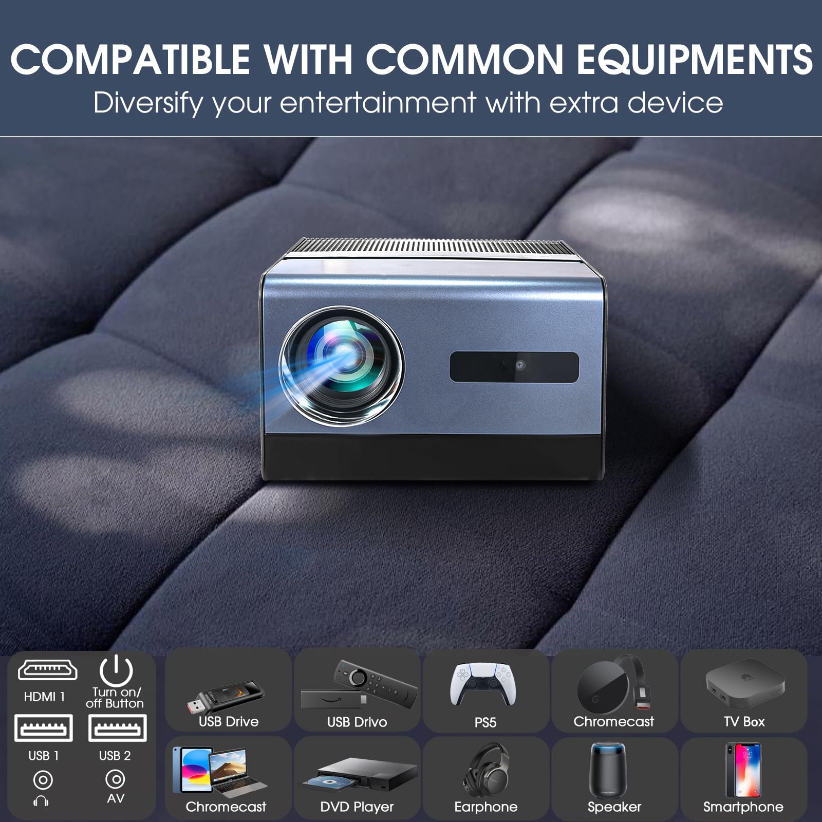 1080P 4K WiFi Bluetooth Projector with Auto Focus & Keystone Correction, Dual Built-in Speakers - Home Theater & Outdoor Movie Projector for iPhone Android Smartphone PC TV Stick Gaming Console | Perfect for Backyard Movie Nights & Home Entertainment