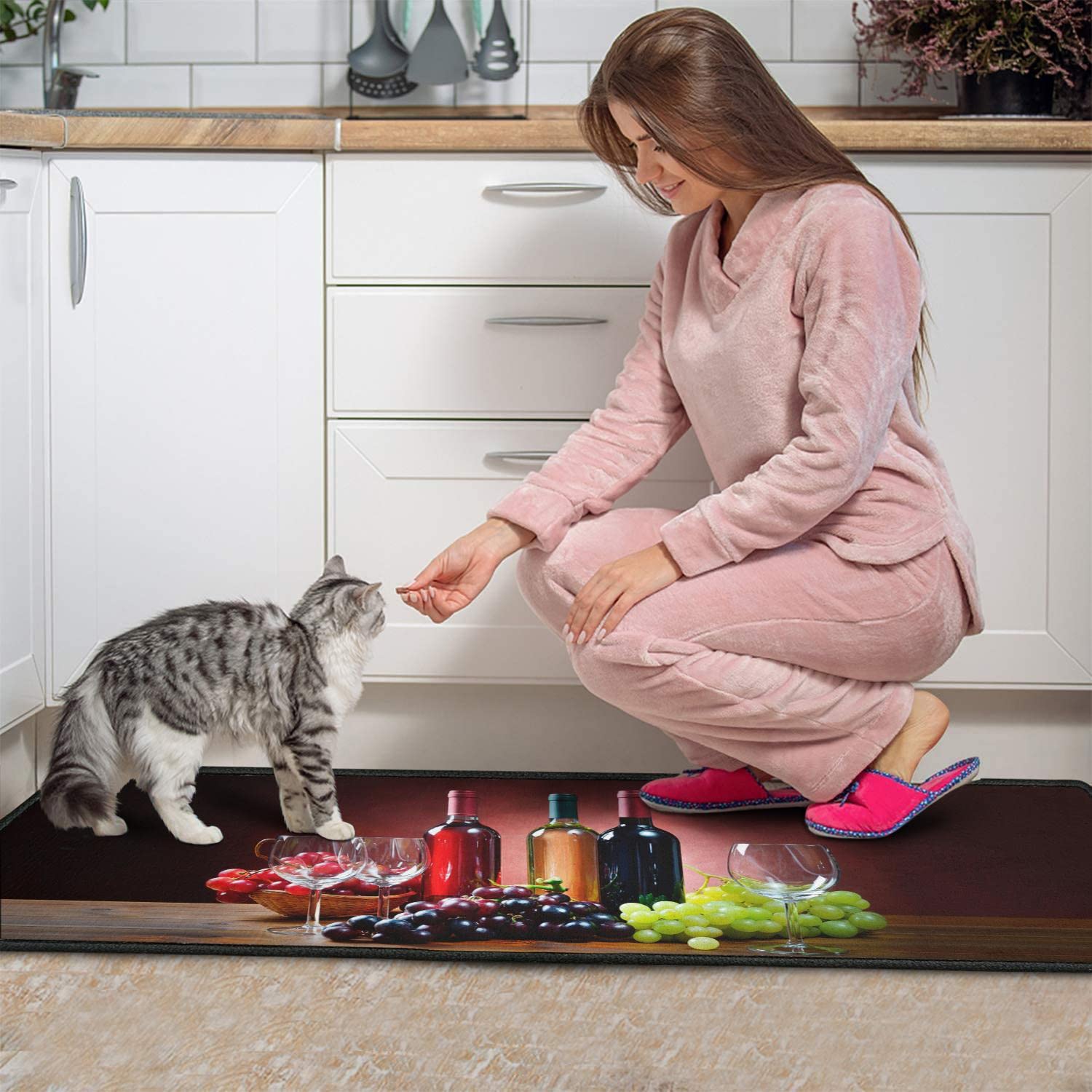 2-Piece Non-Slip Washable Microfiber Kitchen Rug Set - 3D Wine Glass Design Absorbent Floor Mat (17