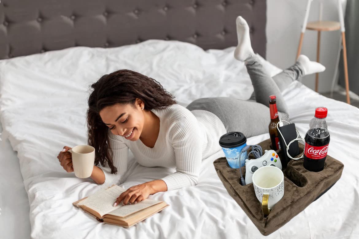 Xchouxer Couch and Bed Cup Holder Pillow - Multi-Functional Sofa Tray for Drinks, Remote Control & Snacks - Comfortable Brown Pillow Organizer for Living Room, Bedroom & Movie Nights