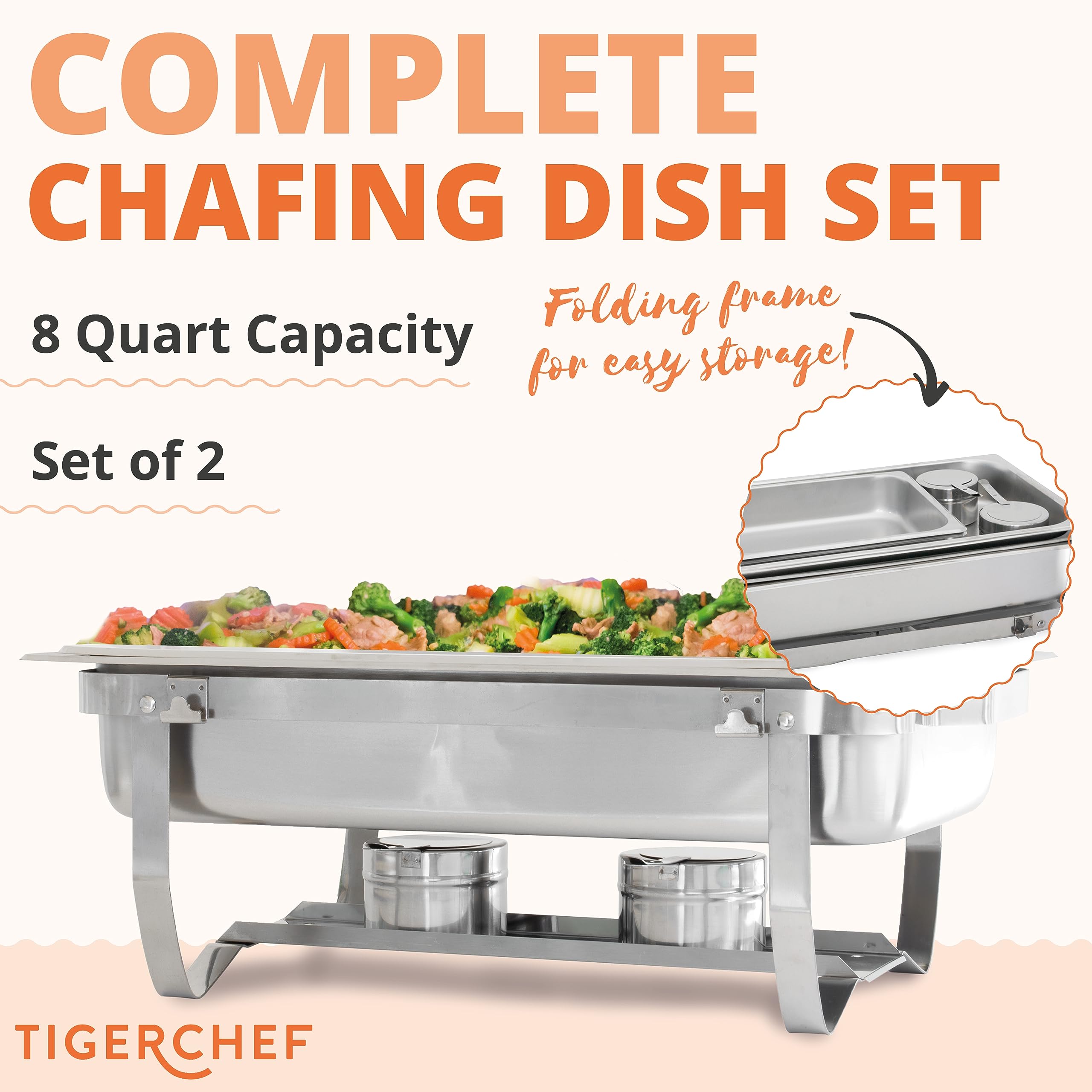 Premium Stainless Steel Buffet Chafing Dish Set - 8 Qt Capacity (Set of 2) with Foldable Frame, Fuel Holders & Covers - Elegant Catering Food Warmer for Parties, Weddings & Events - Includes Food Pans & Water Pan - Commercial Grade by TigerChef